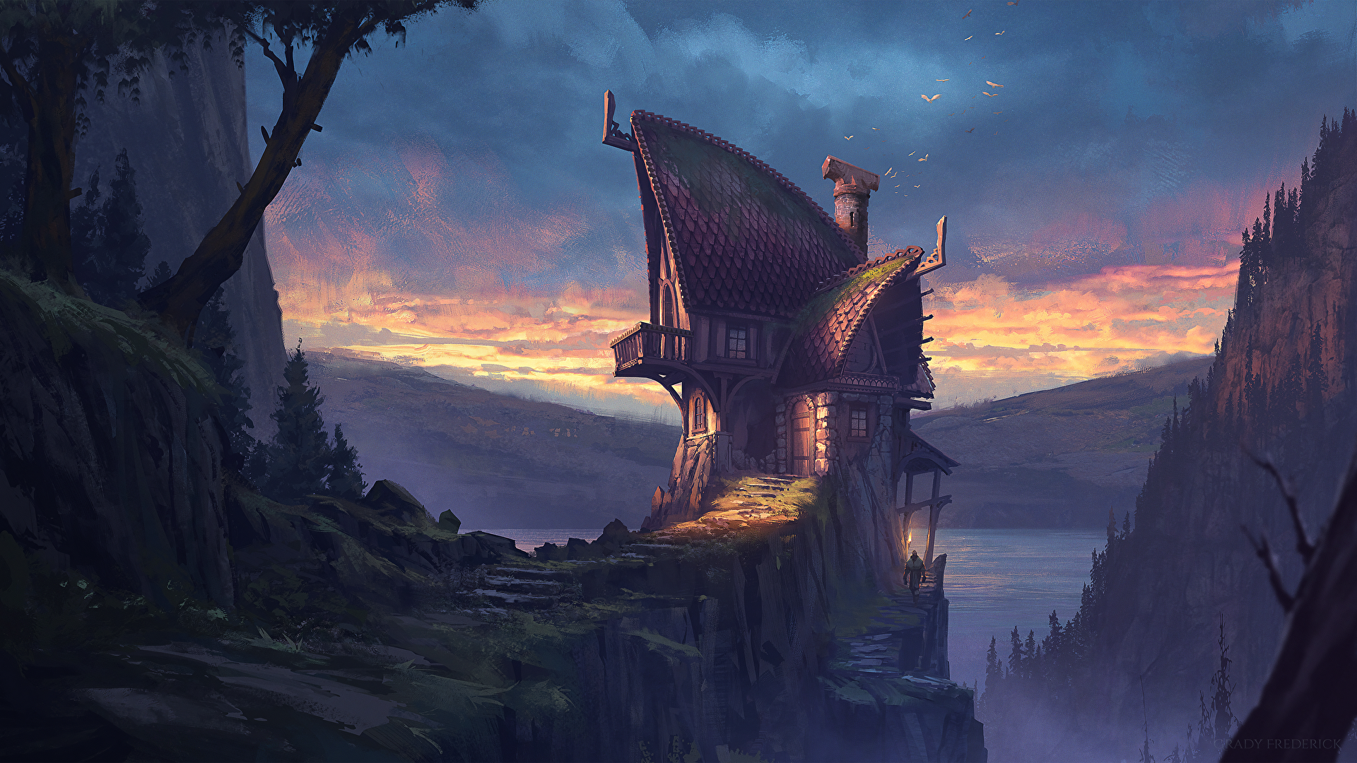 Fantasy house on a cliff at sunset HD Wallpaper