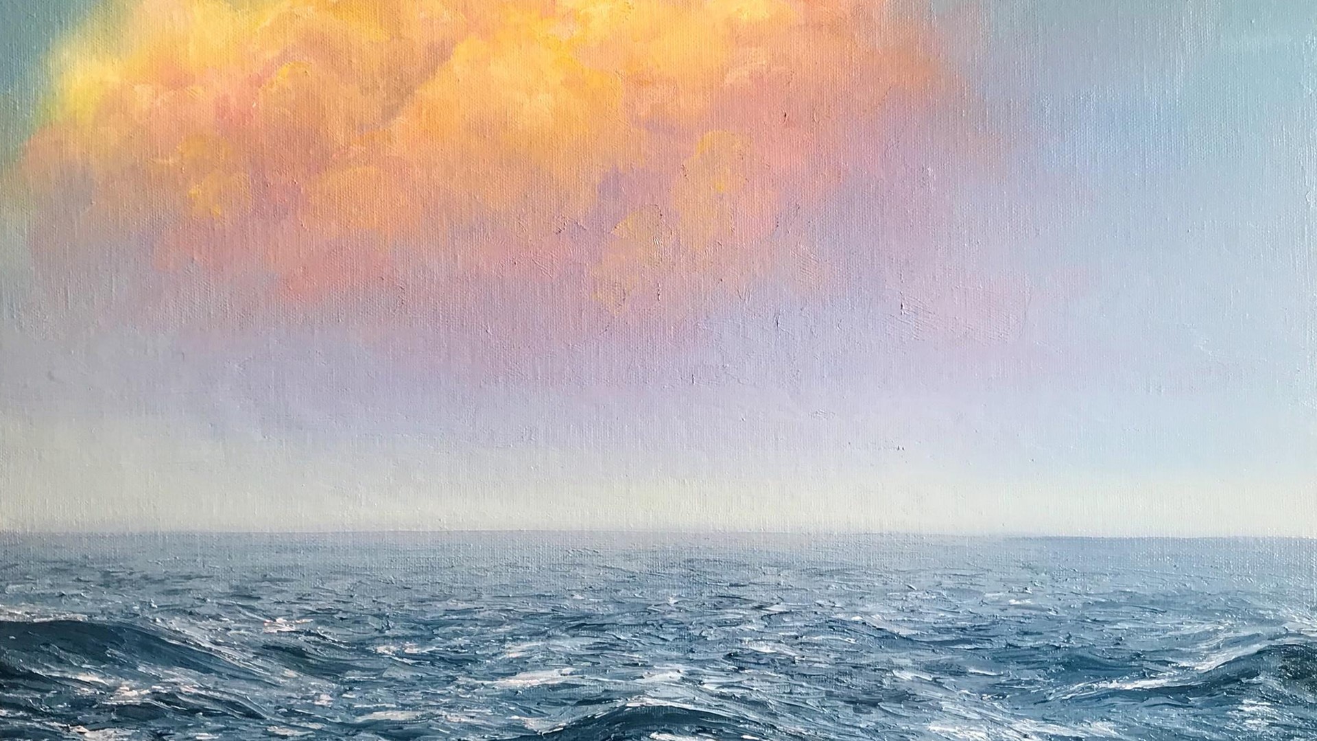 Painting of a stormy sea under a colorful sky HD Wallpaper