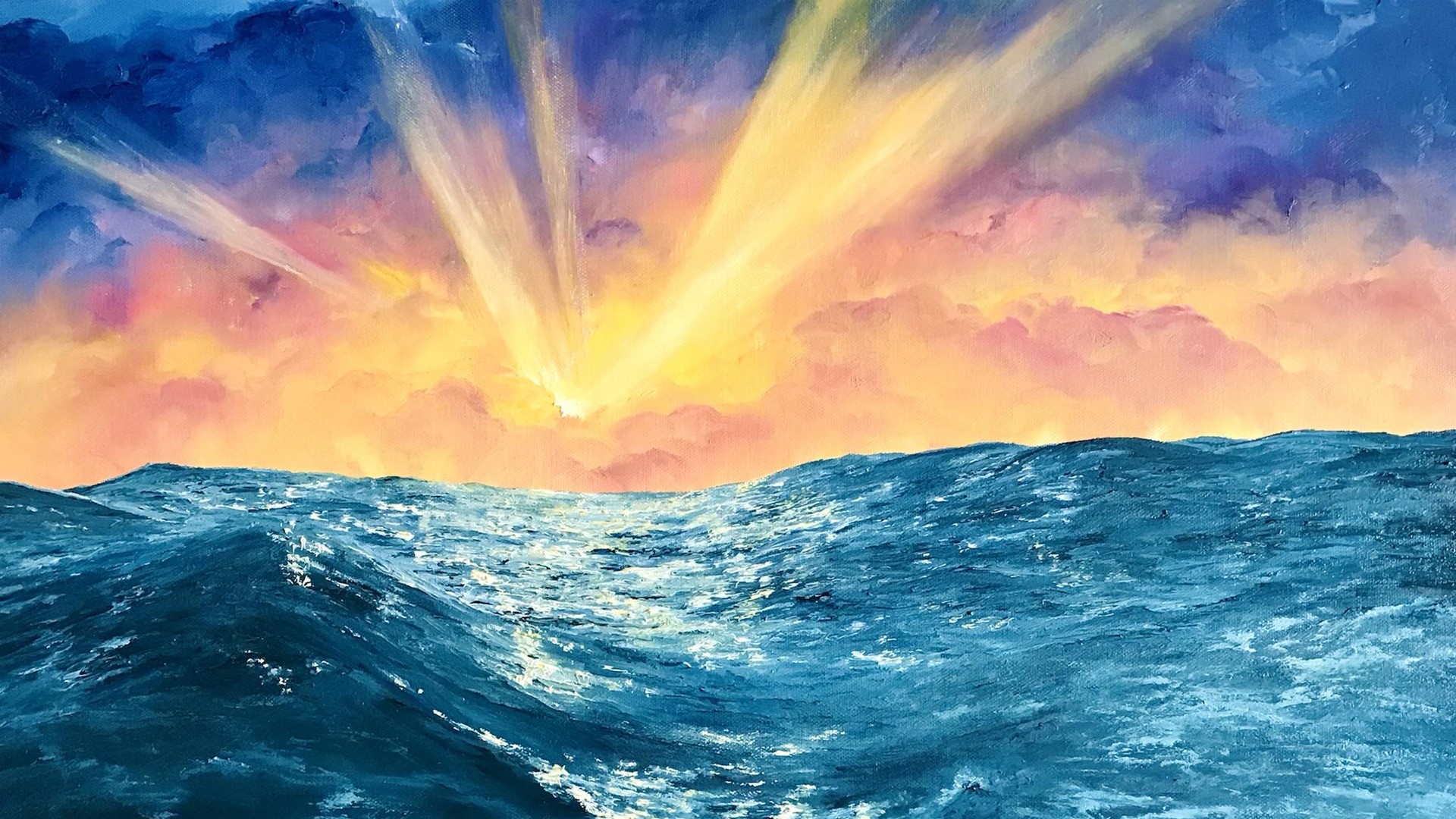 Painting of sun rays over ocean waves HD Wallpaper