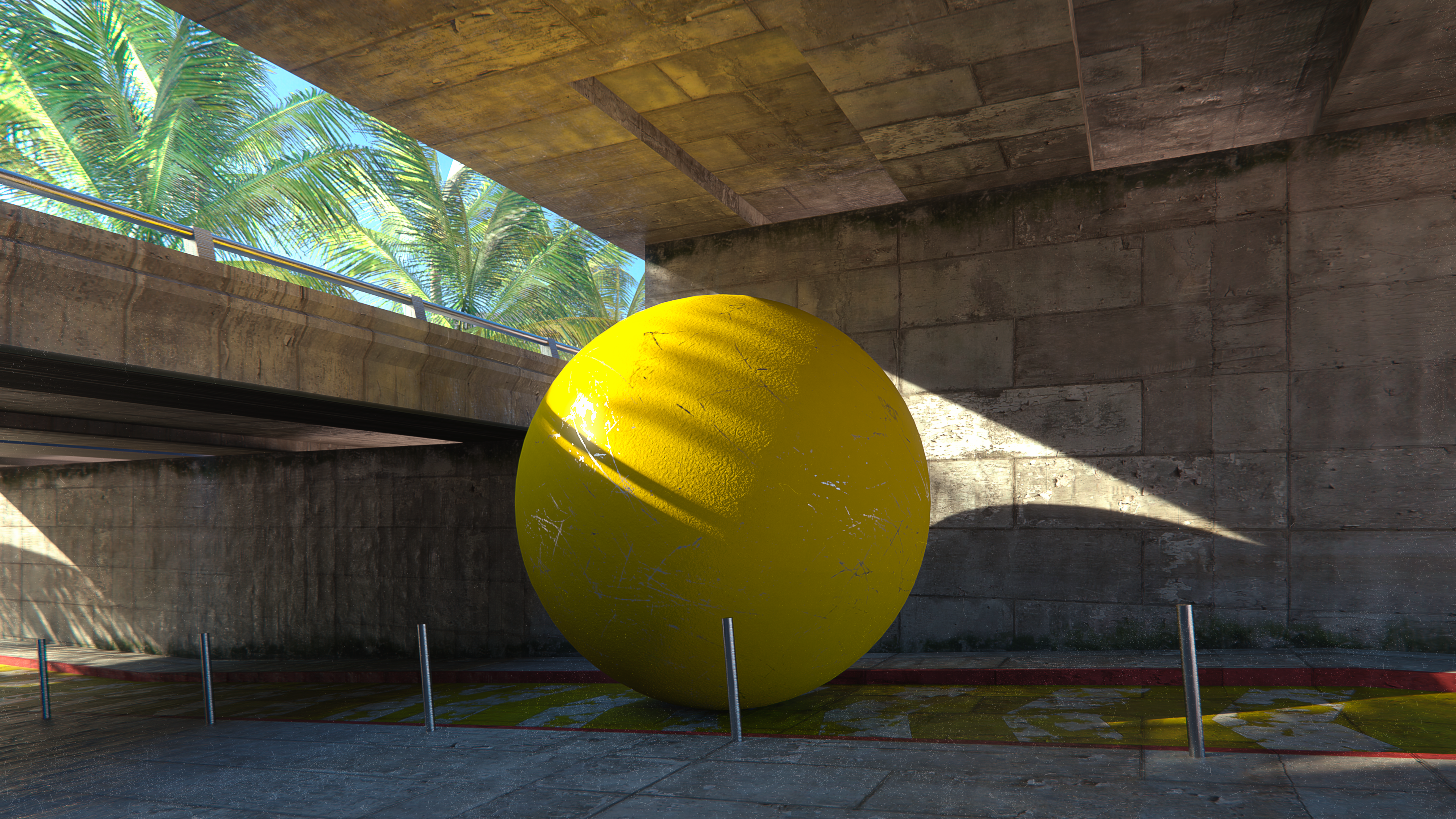 Yellow ball under concrete underpass with palm trees HD Wallpaper