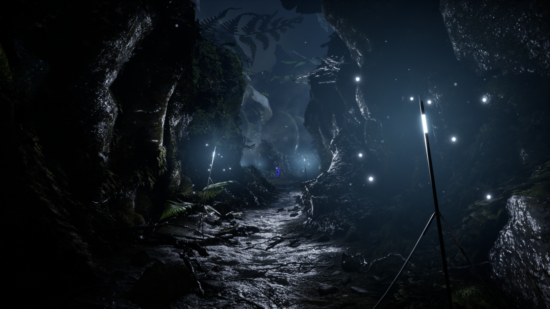 Video game cave with glowing lights and plants HD Wallpaper