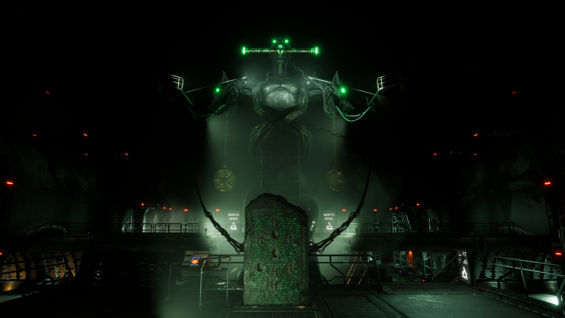 Giant statue with scales in a dark chamber HD Wallpaper