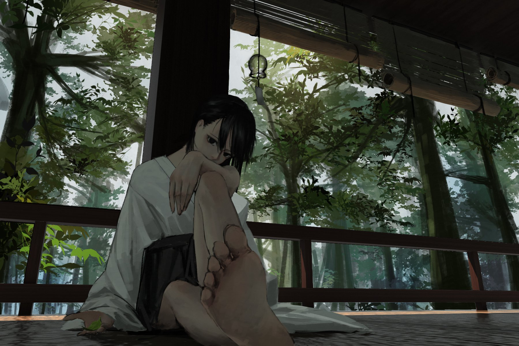Girl in traditional Japanese clothing sitting on a porch HD Wallpaper