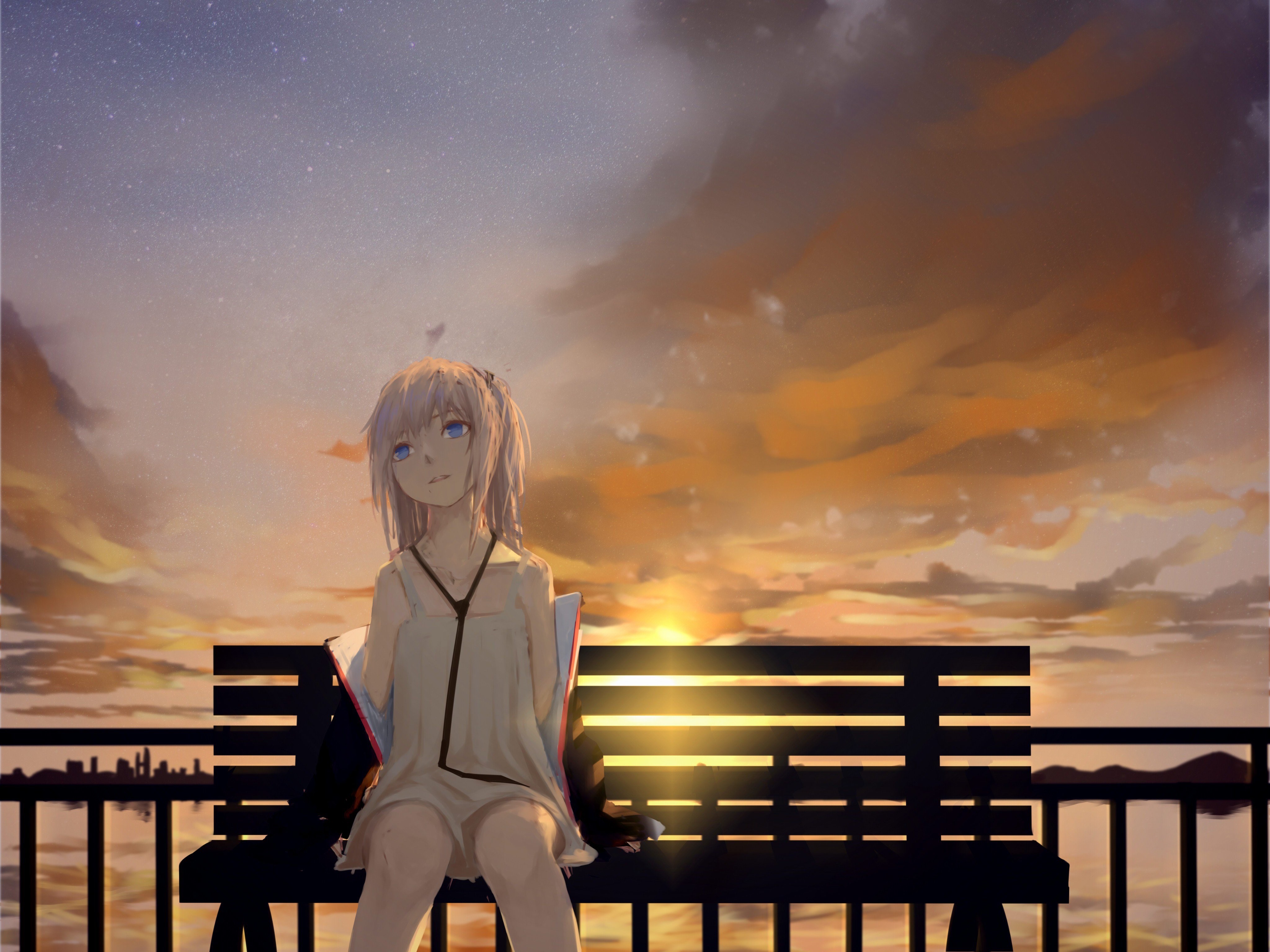 AR15 from Girls Frontline sitting on a bench at sunset HD Wallpaper