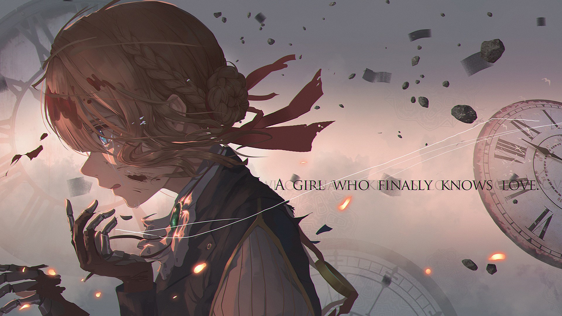 Violet Evergarden anime girl with clocks and debris HD Wallpaper