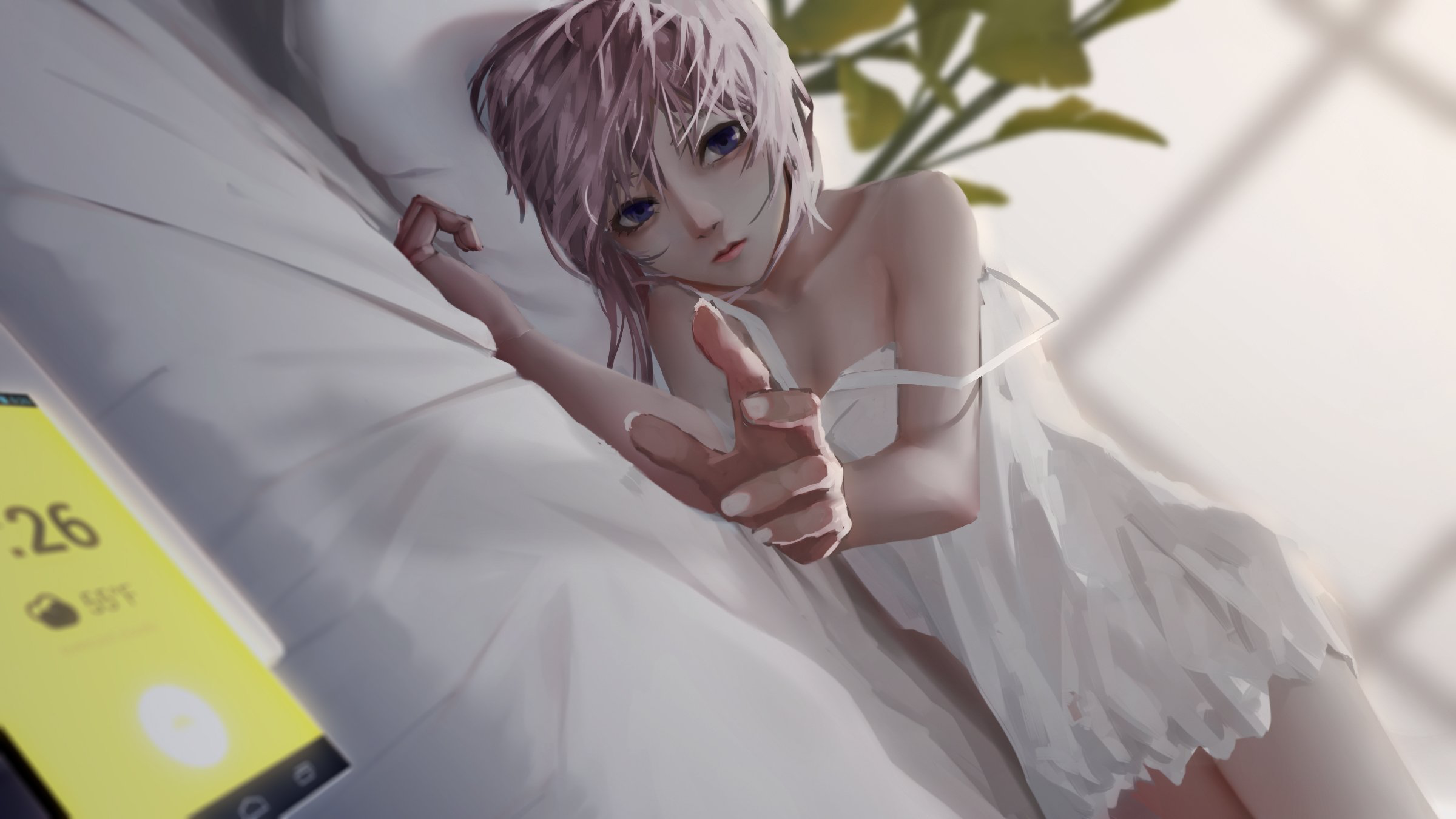 Anime girl with short purple hair in bed with cellphone HD Wallpaper