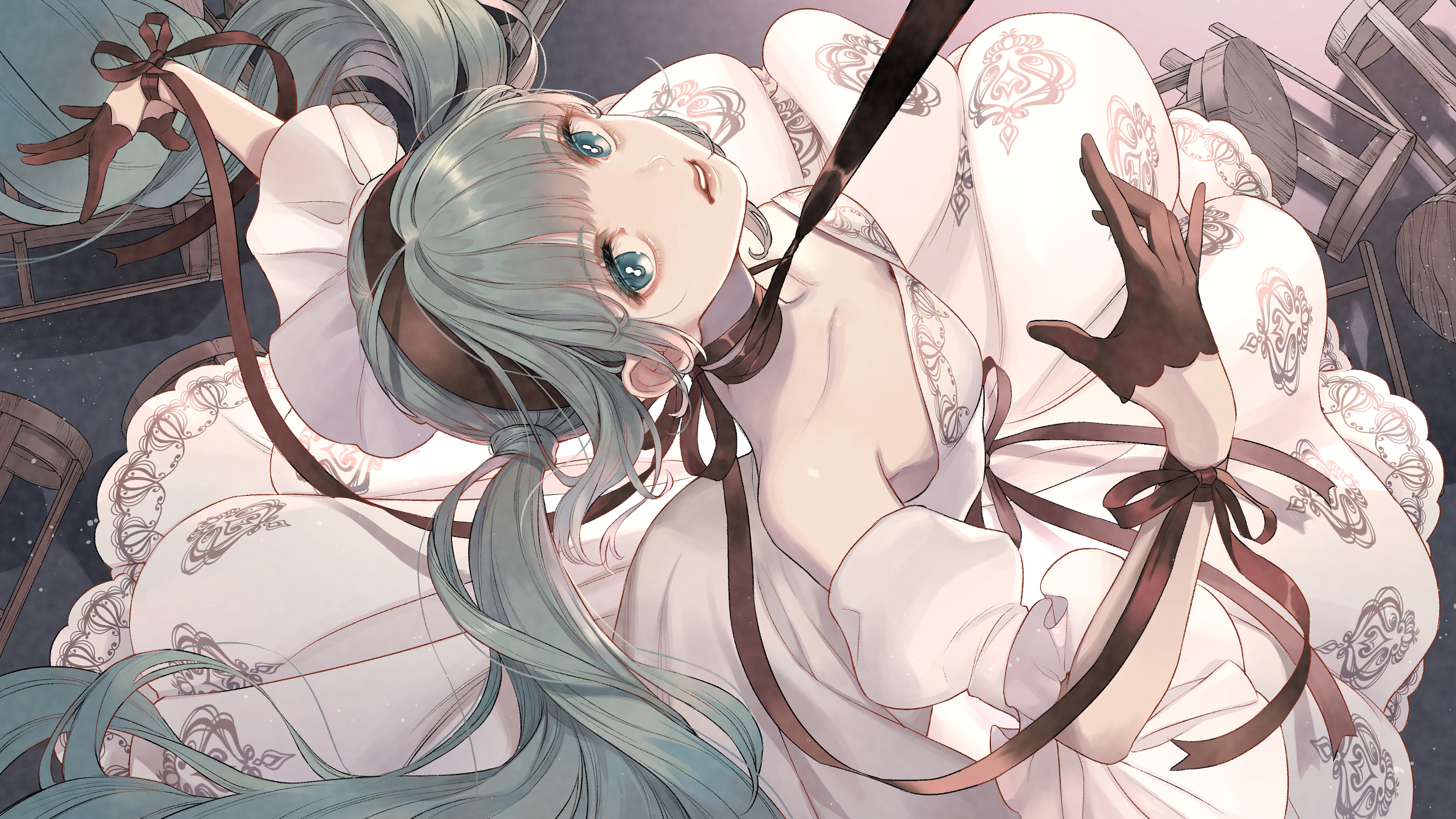 Hatsune Miku from Vocaloid in a white dress HD Wallpaper