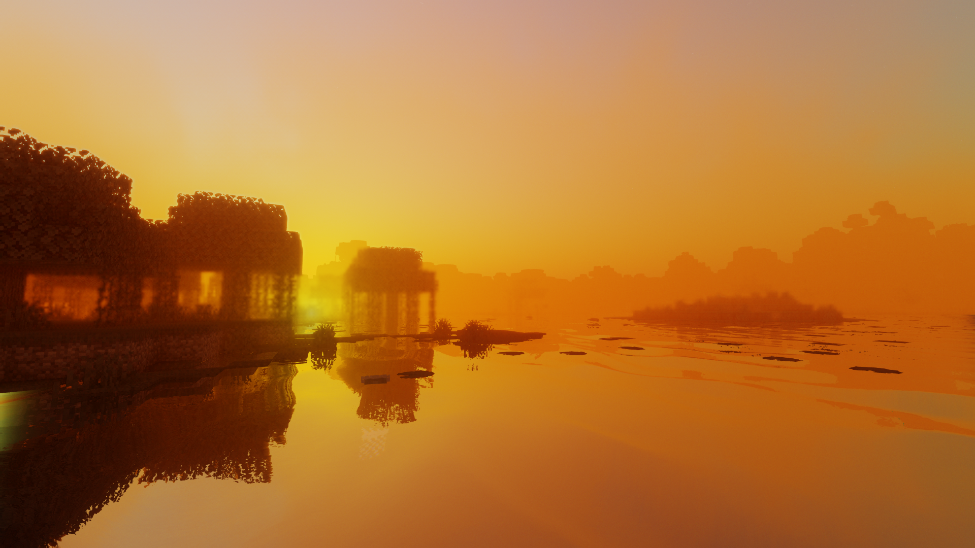 Minecraft sunset over water with structures HD Wallpaper