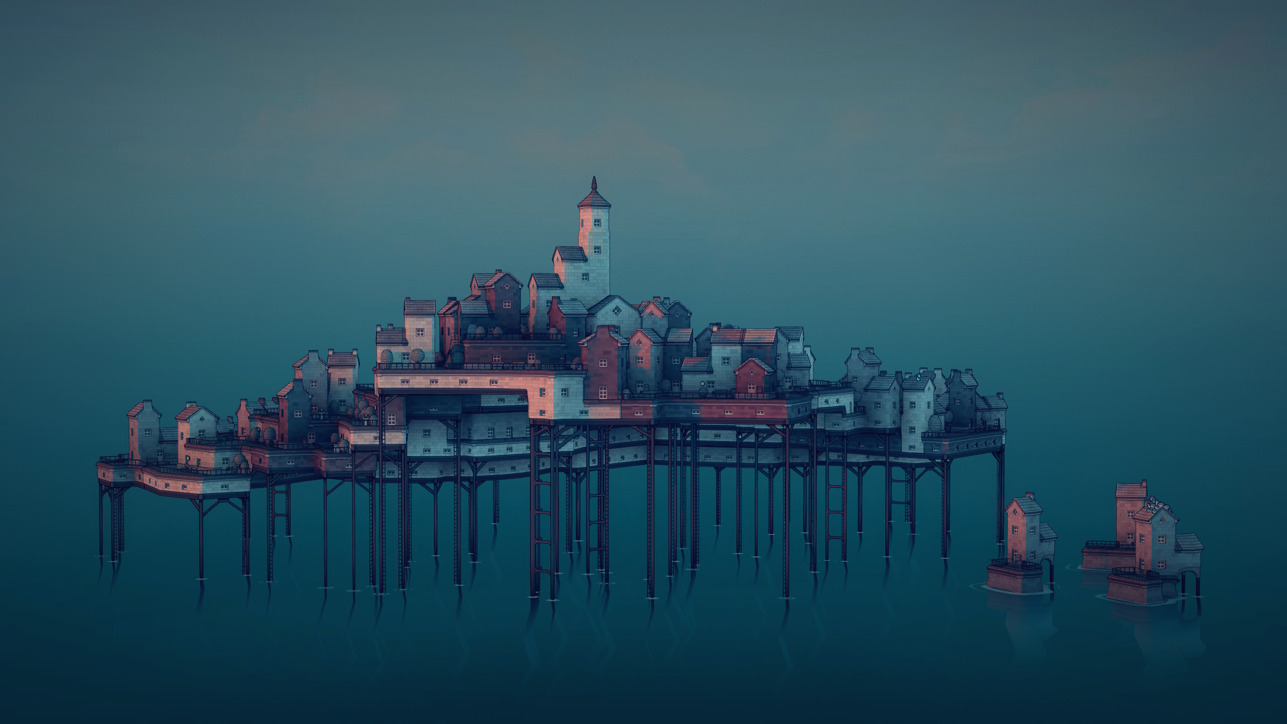 Townscaper video game art of a stilted island town HD Wallpaper