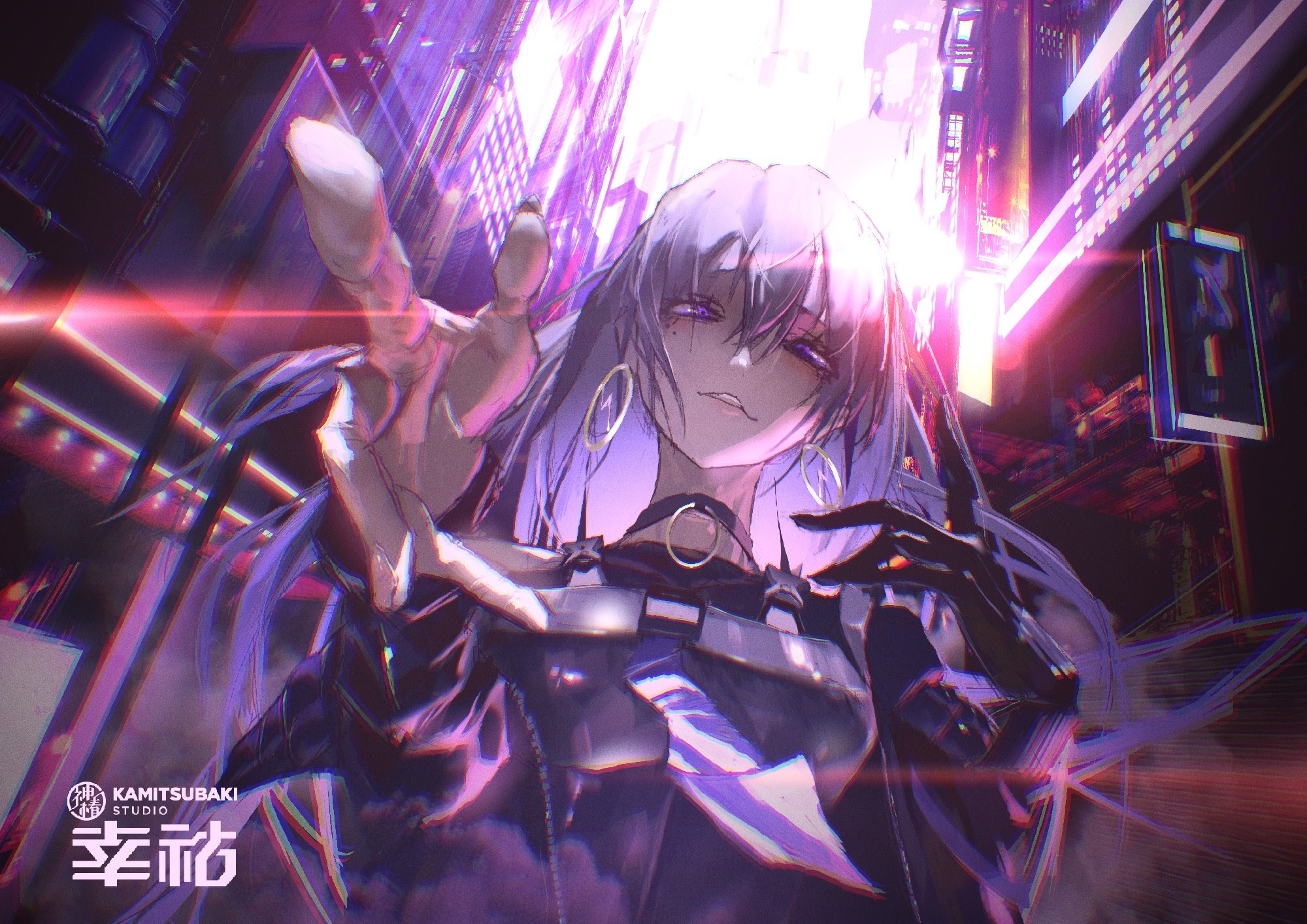 Anime girl with purple eyes reaching out in a neon city HD Wallpaper