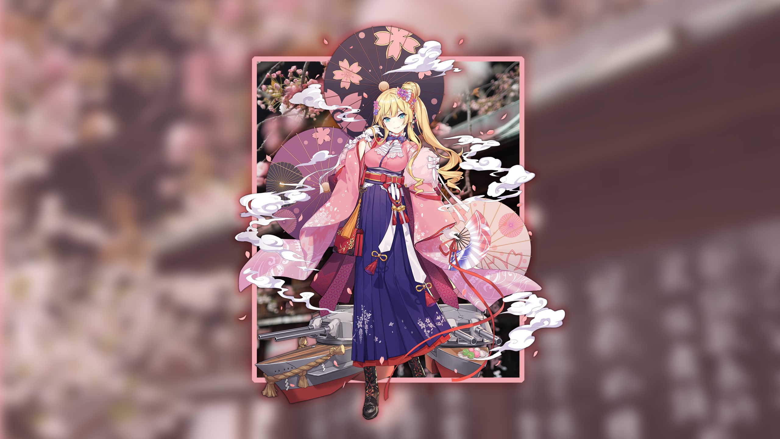 Anime girl in pink kimono with umbrellas and ships HD Wallpaper