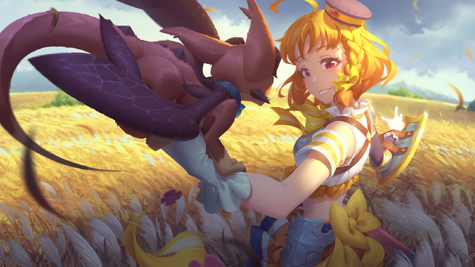 Anime girl with a creature in a wheat field HD Wallpaper