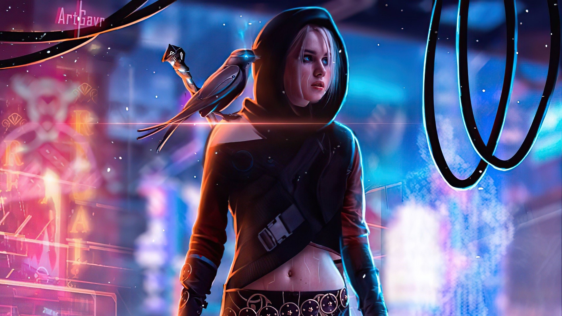 Woman with a bird on her shoulder in a neon city HD Wallpaper