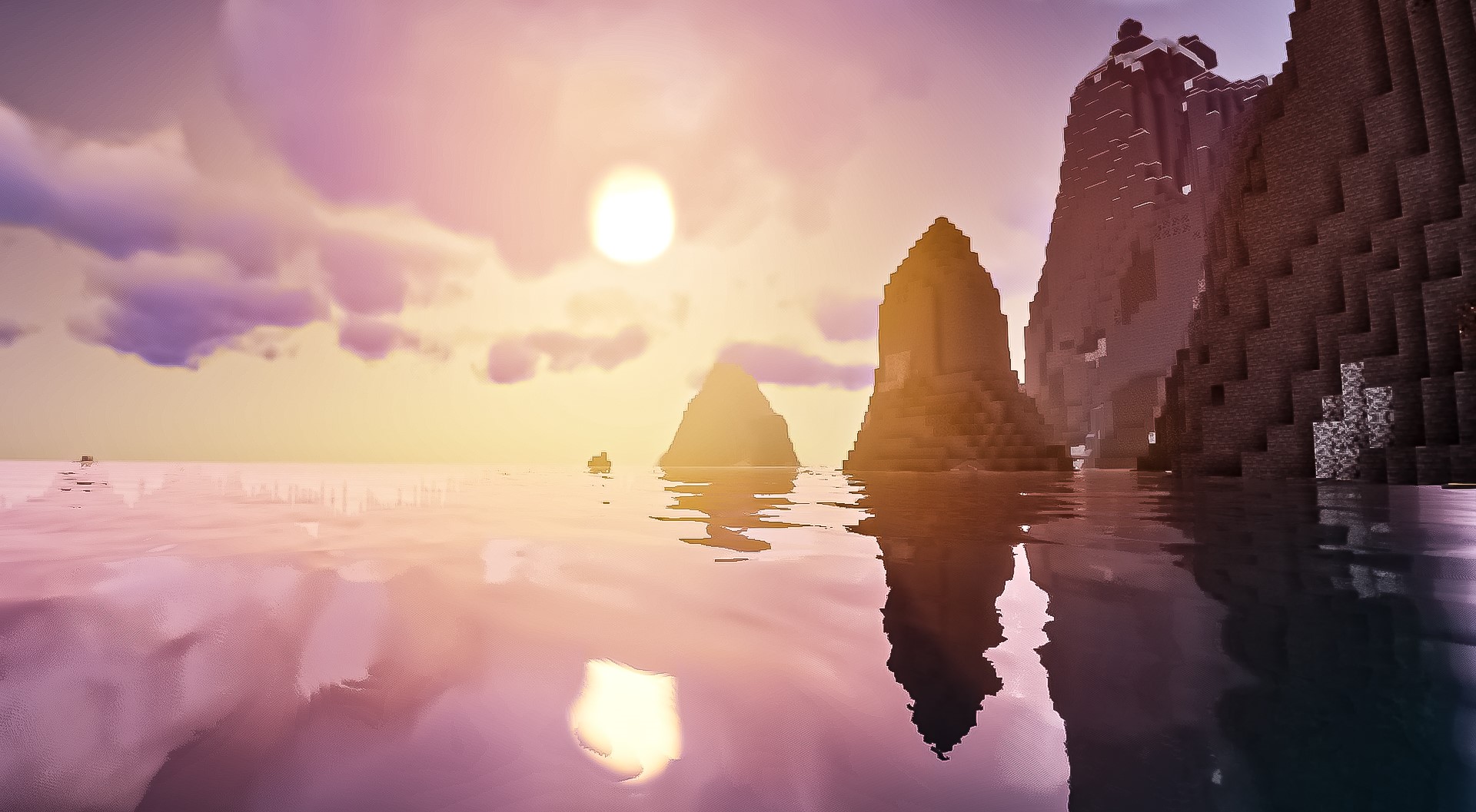 Minecraft landscape with rocky islands and sunset HD Wallpaper