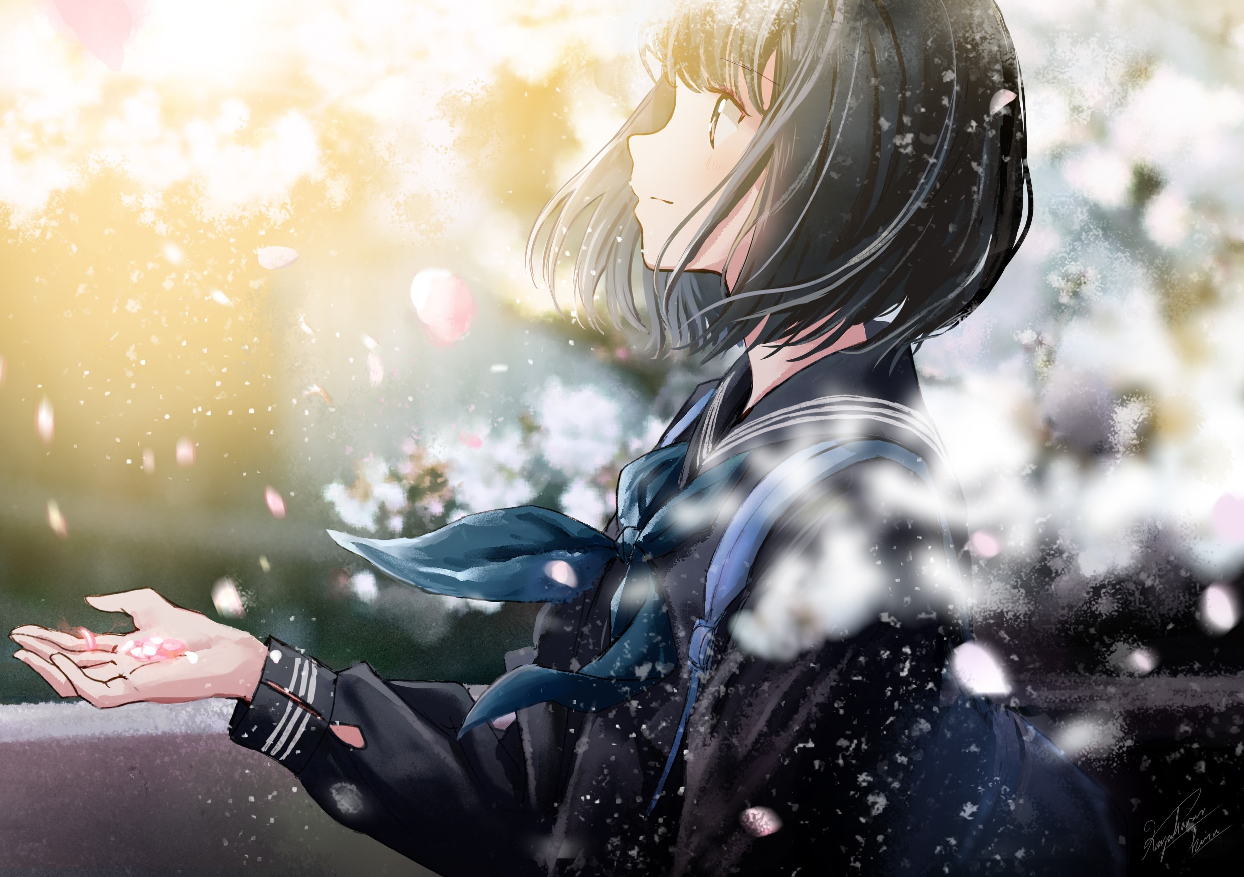 Anime girl in school uniform with falling petals HD Wallpaper