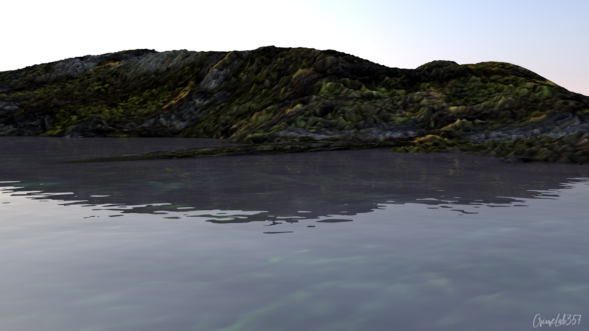 3D rendered landscape with rocky hills and water HD Wallpaper