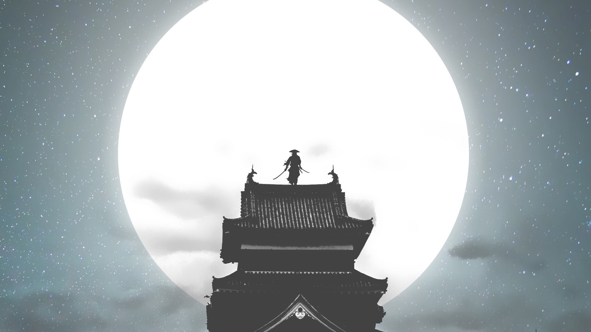 Samurai Silhouette Against Massive Moon HD Wallpaper