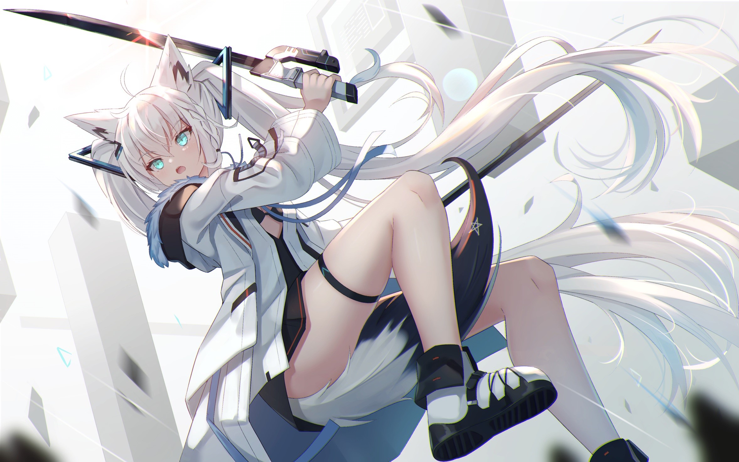 Shirakami Fubuki with Sword and Animal Ears HD Wallpaper