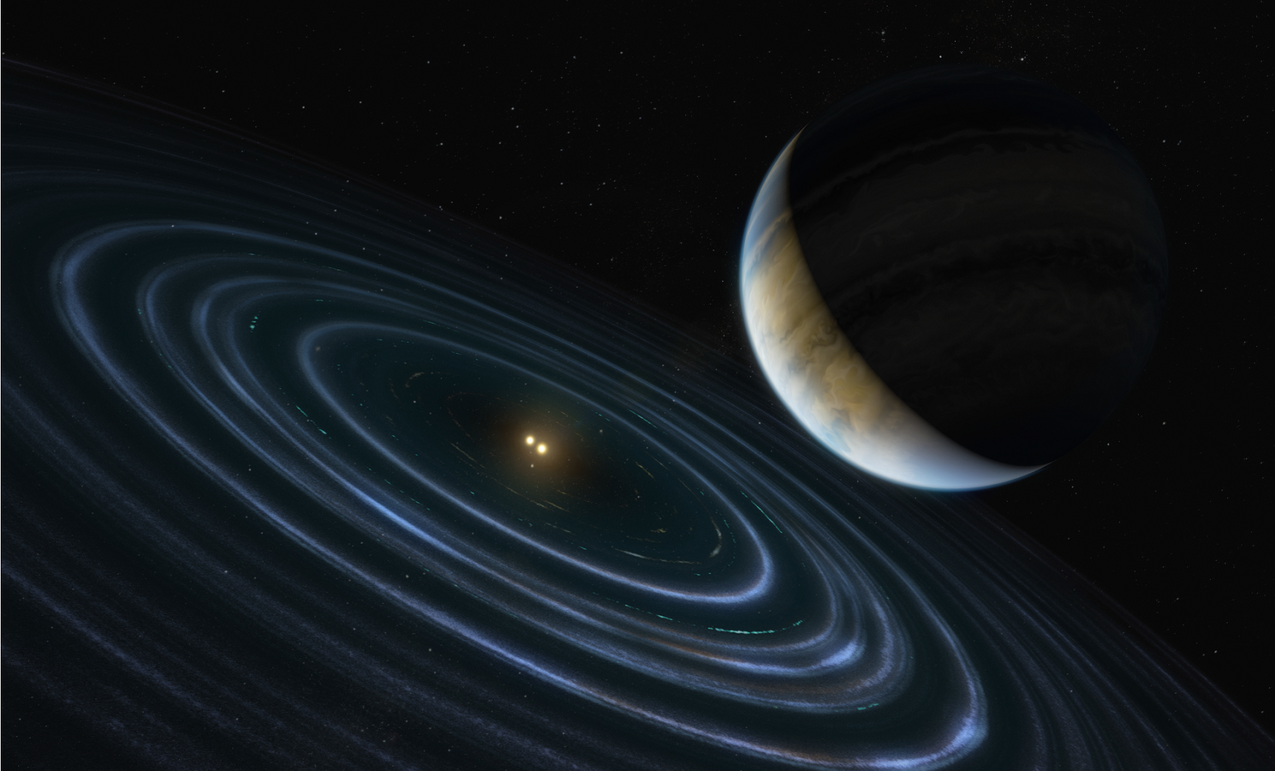 Planet with rings orbiting a binary star system HD Wallpaper