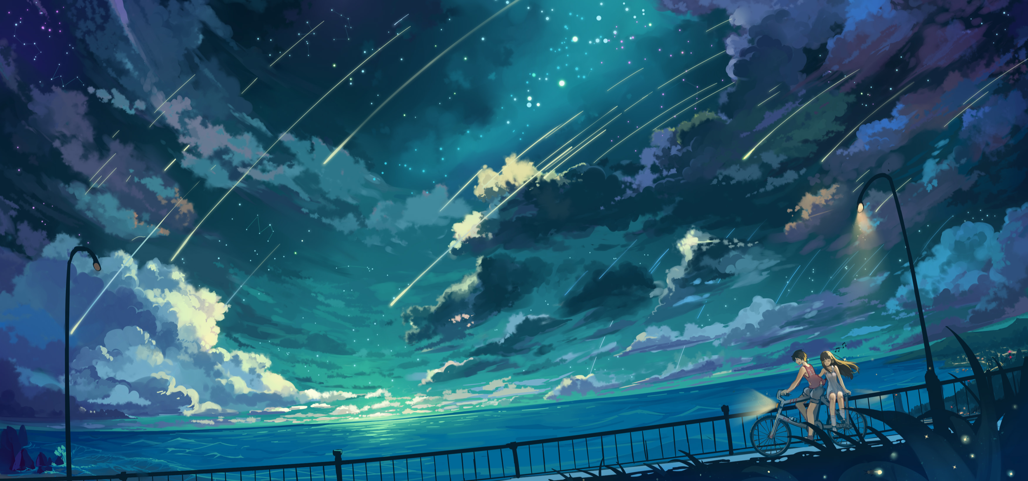 Couple cycling under a starry sky with shooting stars HD Wallpaper