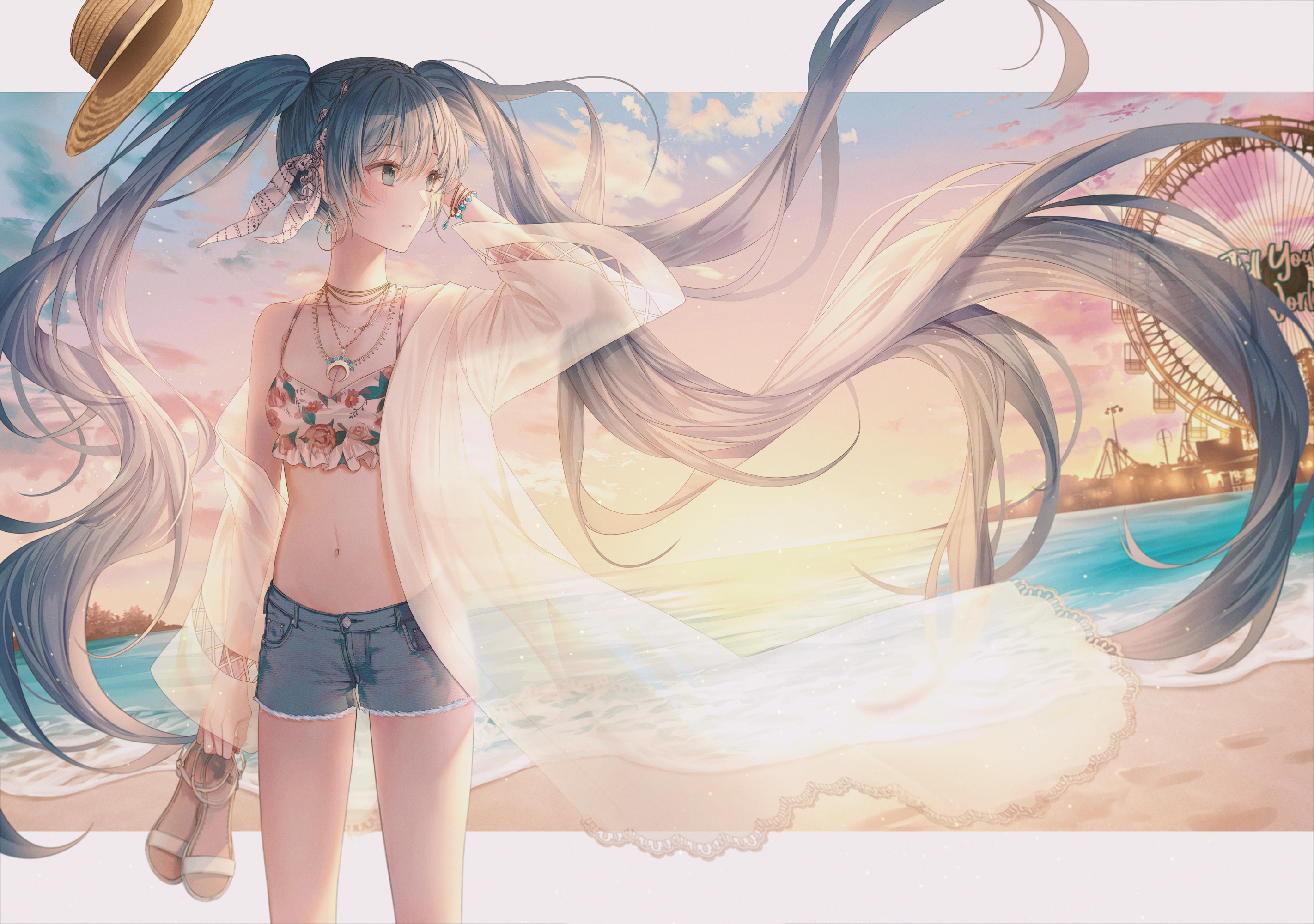 Hatsune Miku on a beach with a Ferris wheel HD Wallpaper