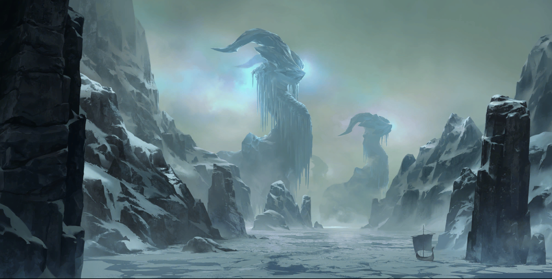 Frozen landscape with ice formations and a ship HD Wallpaper