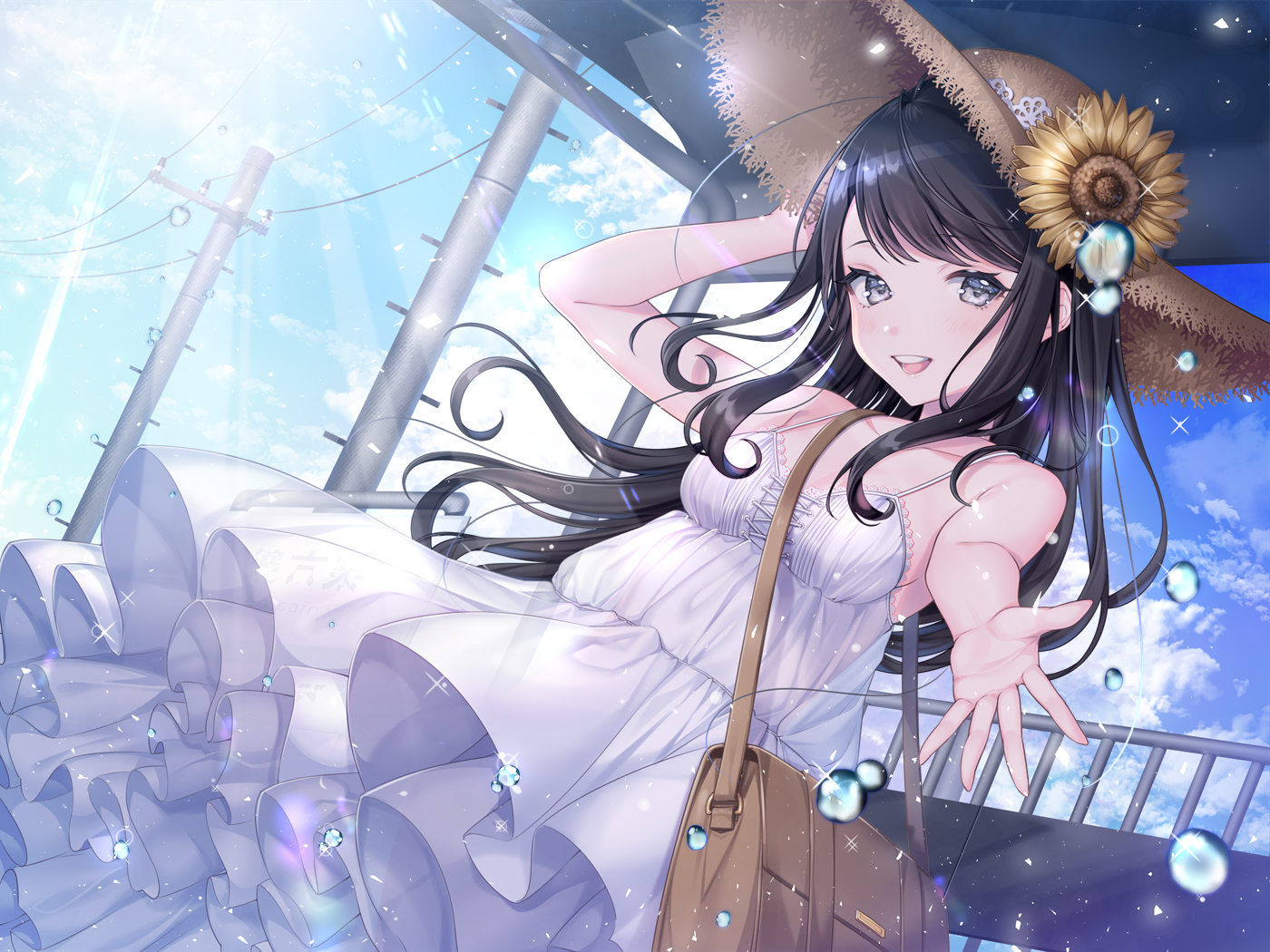 Ikuno in a white dress with a sunflower hat HD Wallpaper
