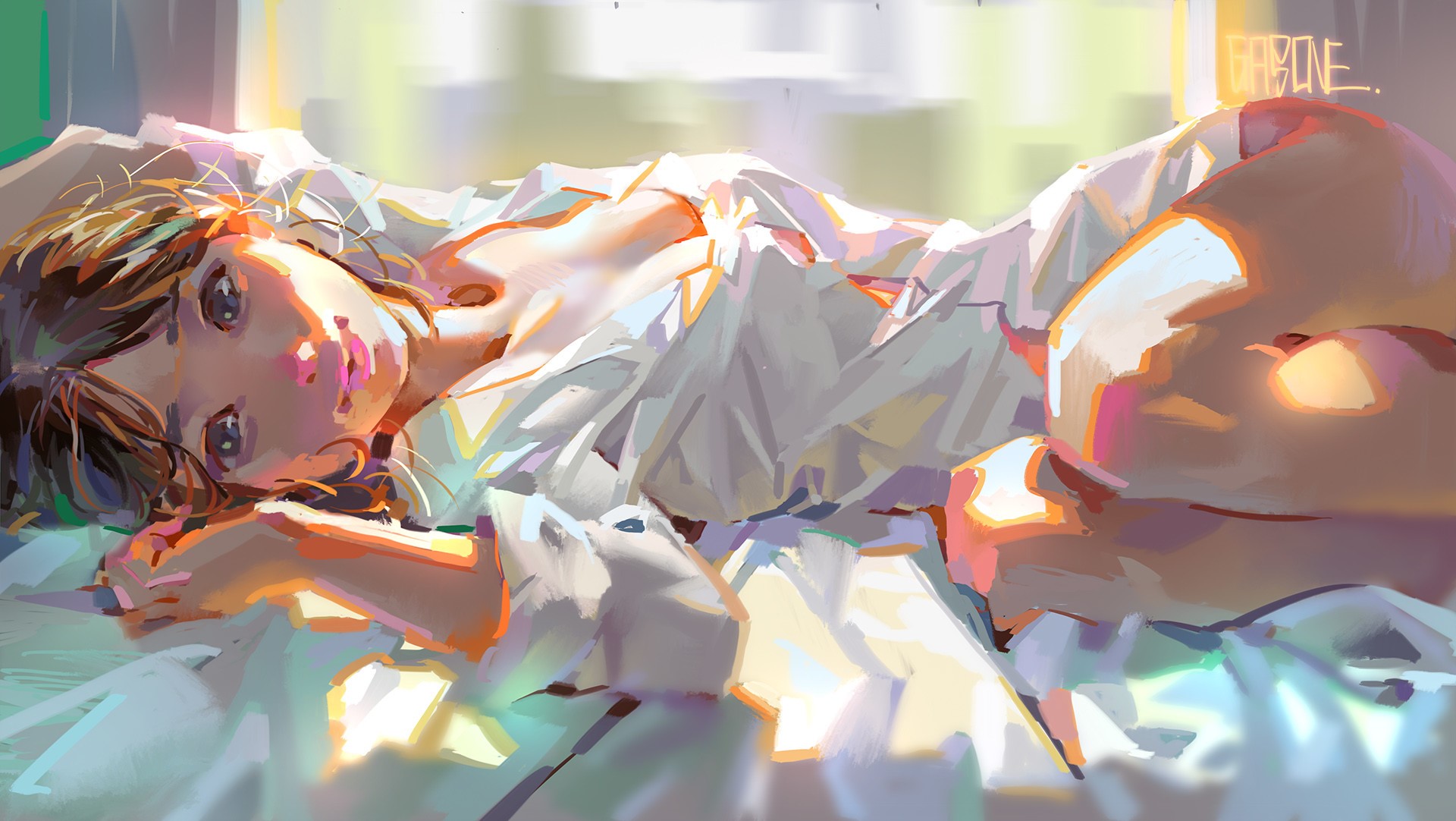 Girl in white shirt lying on bed HD Wallpaper