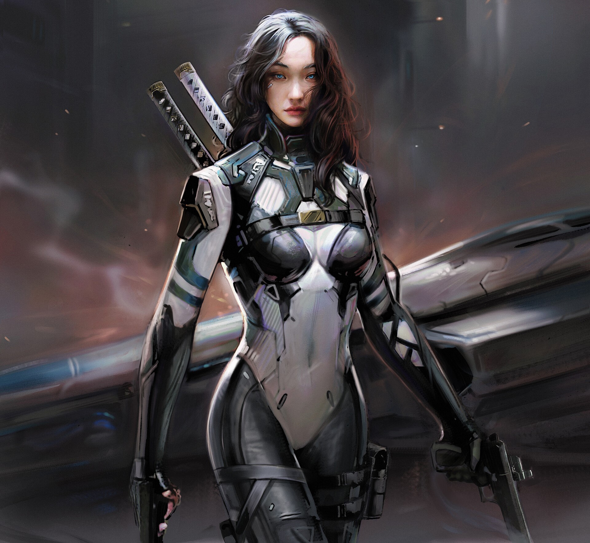 Female Warrior with Katanas and Blue Eyes HD Wallpaper