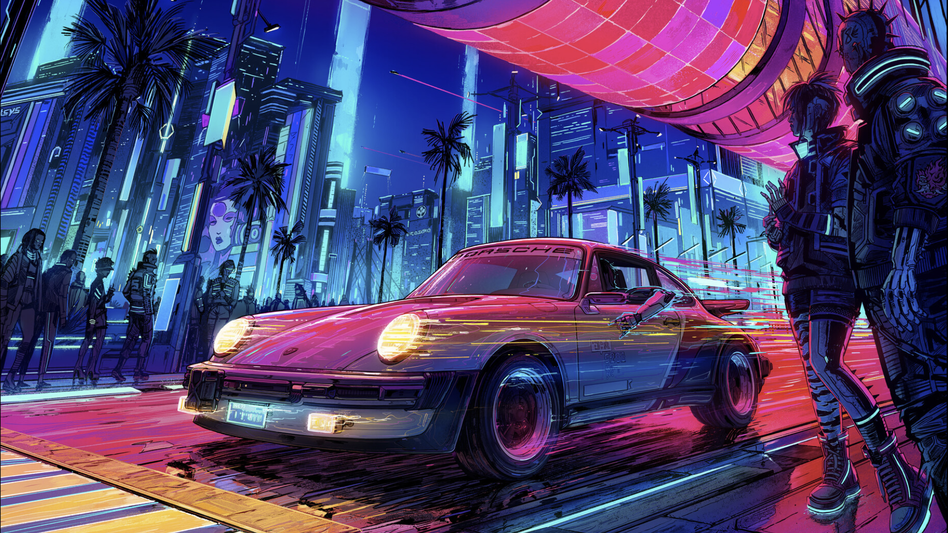 Cyberpunk Porsche driving through a neon city at night HD Wallpaper