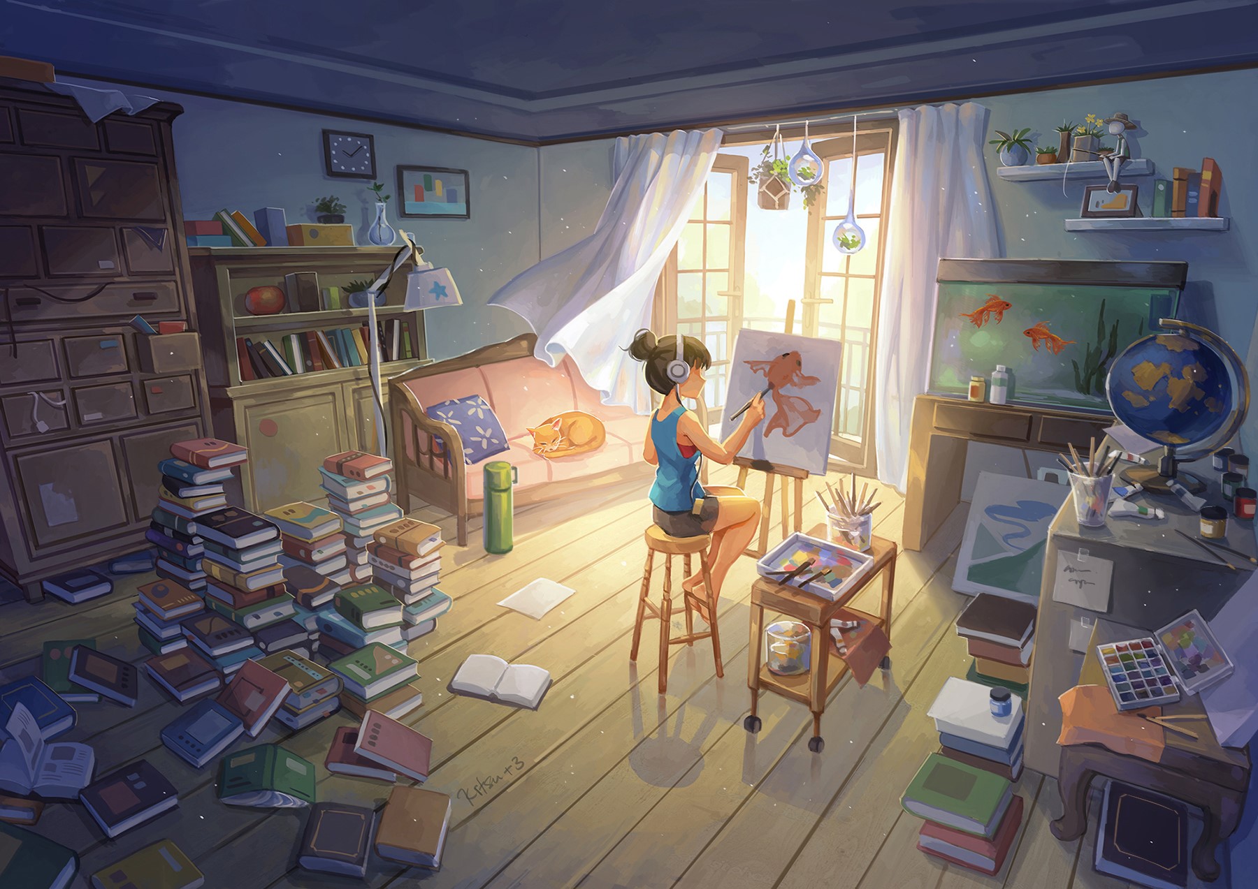 Girl painting goldfish in a room full of books HD Wallpaper