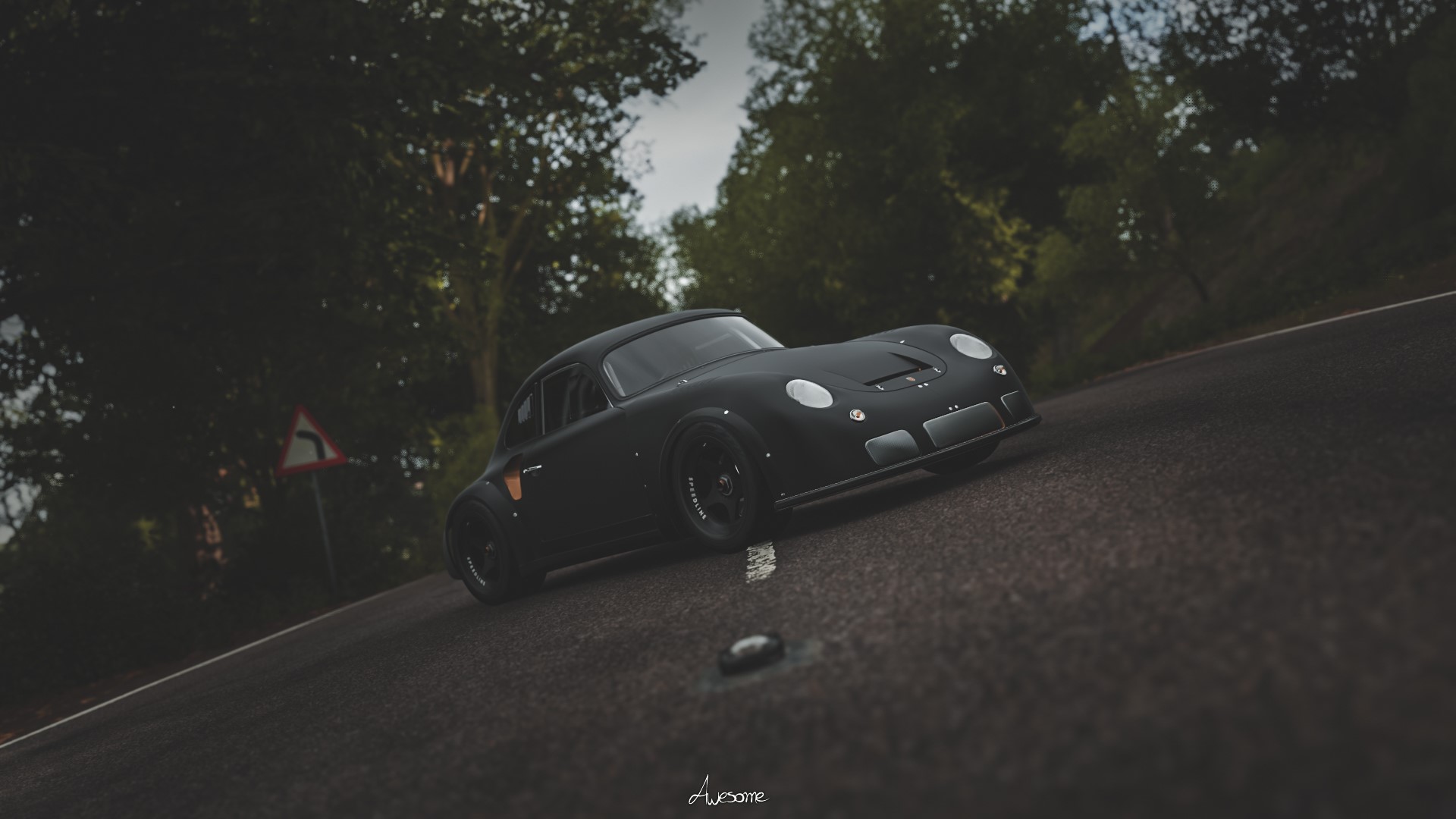 Matte black Porsche 356 RSR on a winding road HD Wallpaper
