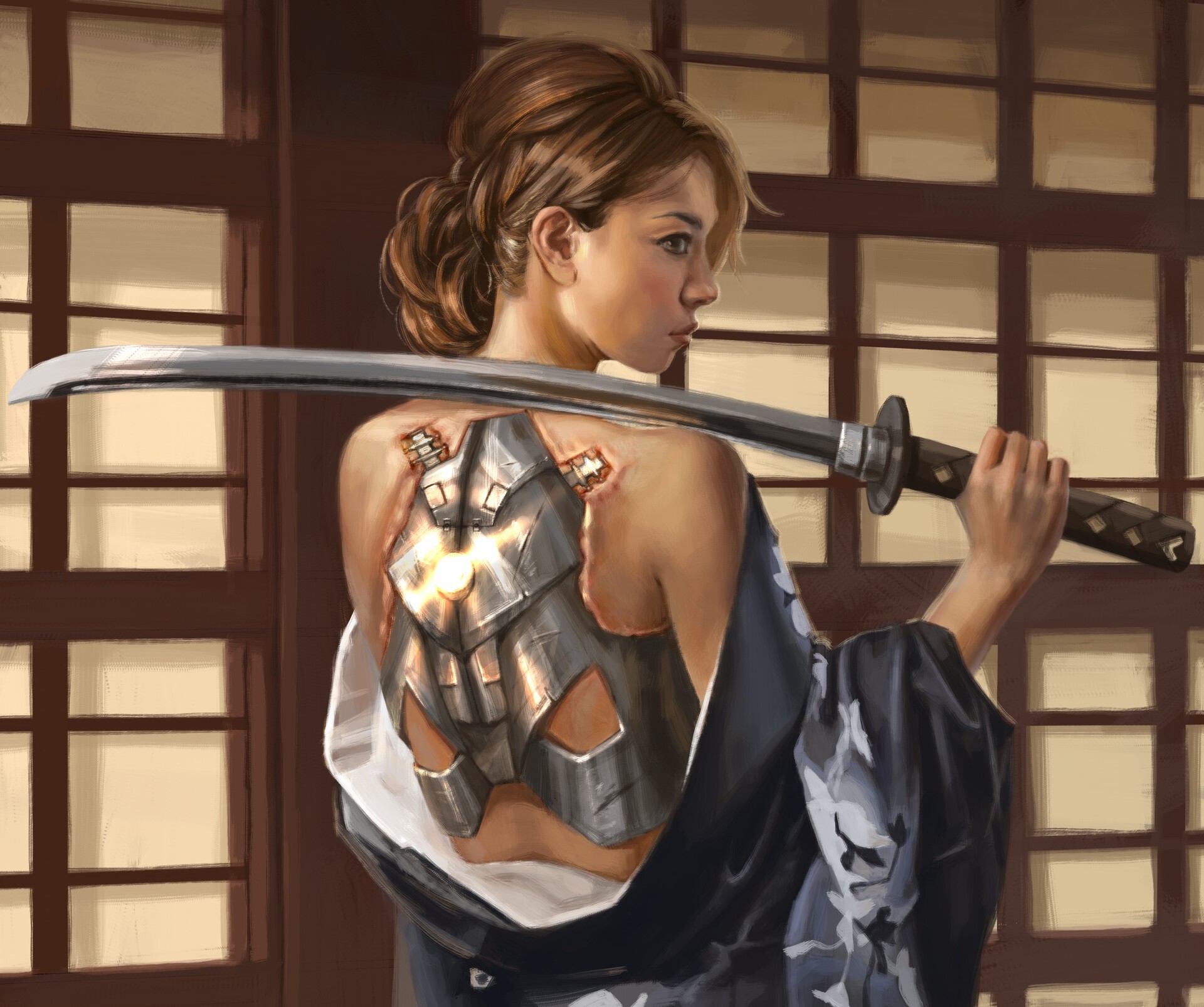 Woman with katana and cybernetic implants HD Wallpaper