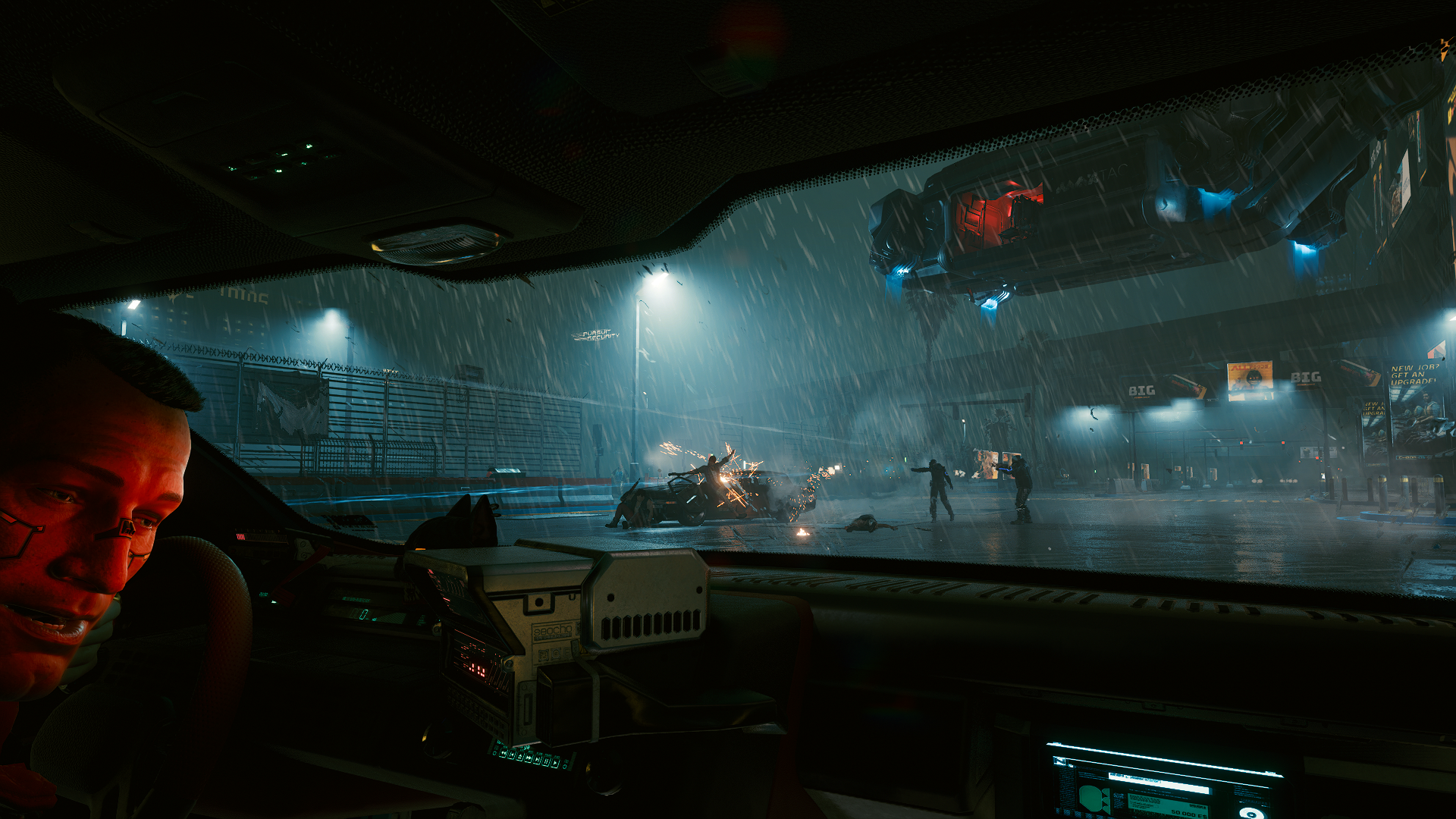 Cyberpunk 2077: Character in car during shootout HD Wallpaper