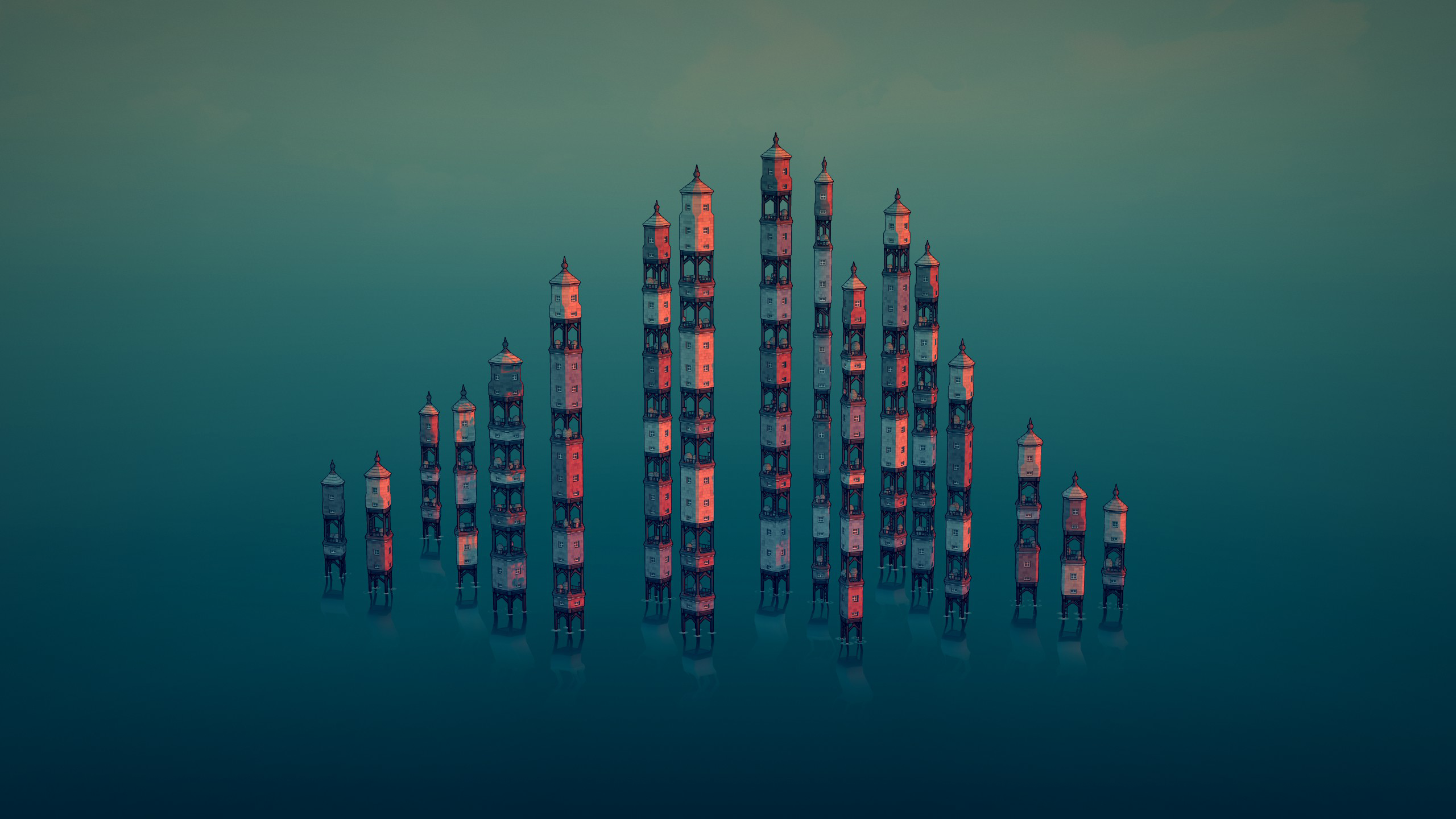 Townscaper towers in a teal ocean HD Wallpaper