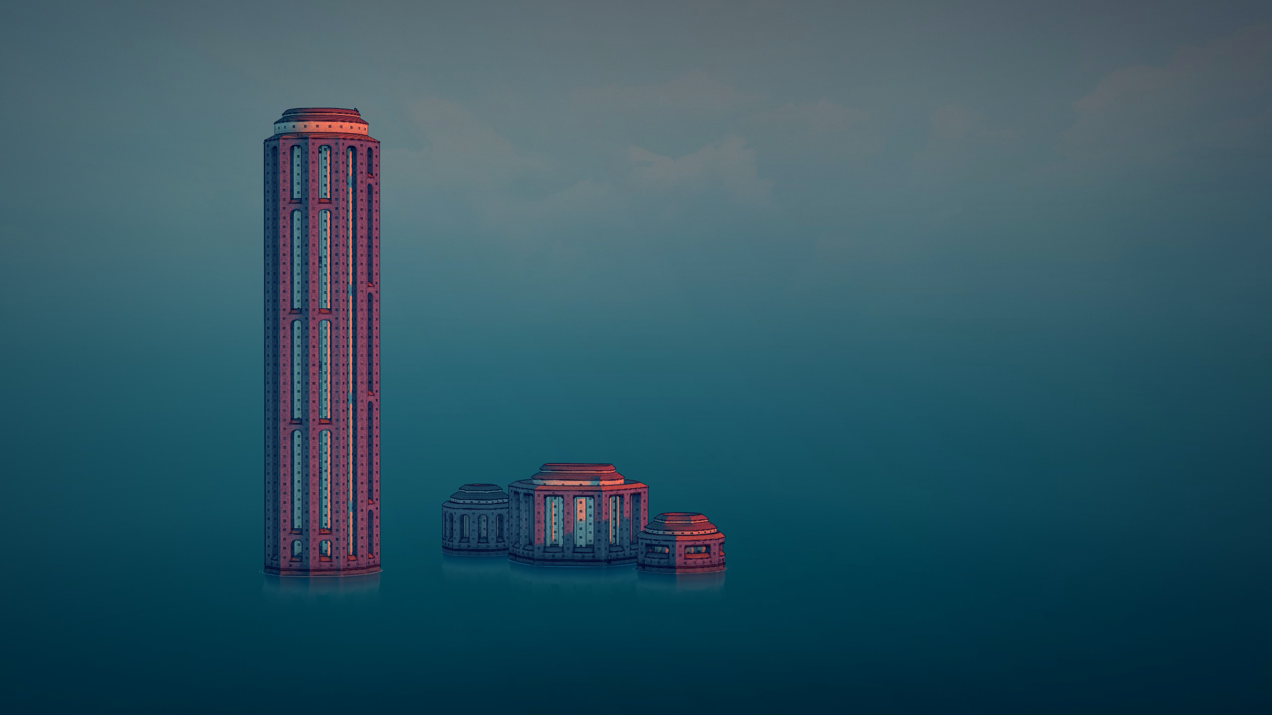 Futuristic buildings on water at sunset HD Wallpaper