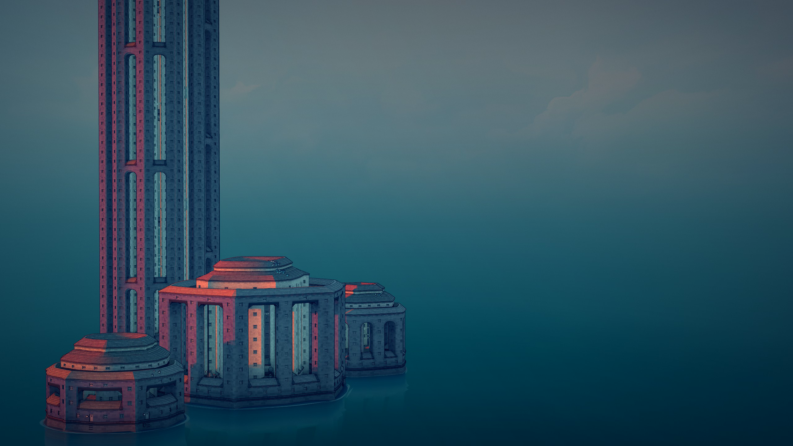 Futuristic buildings in a calm sea HD Wallpaper