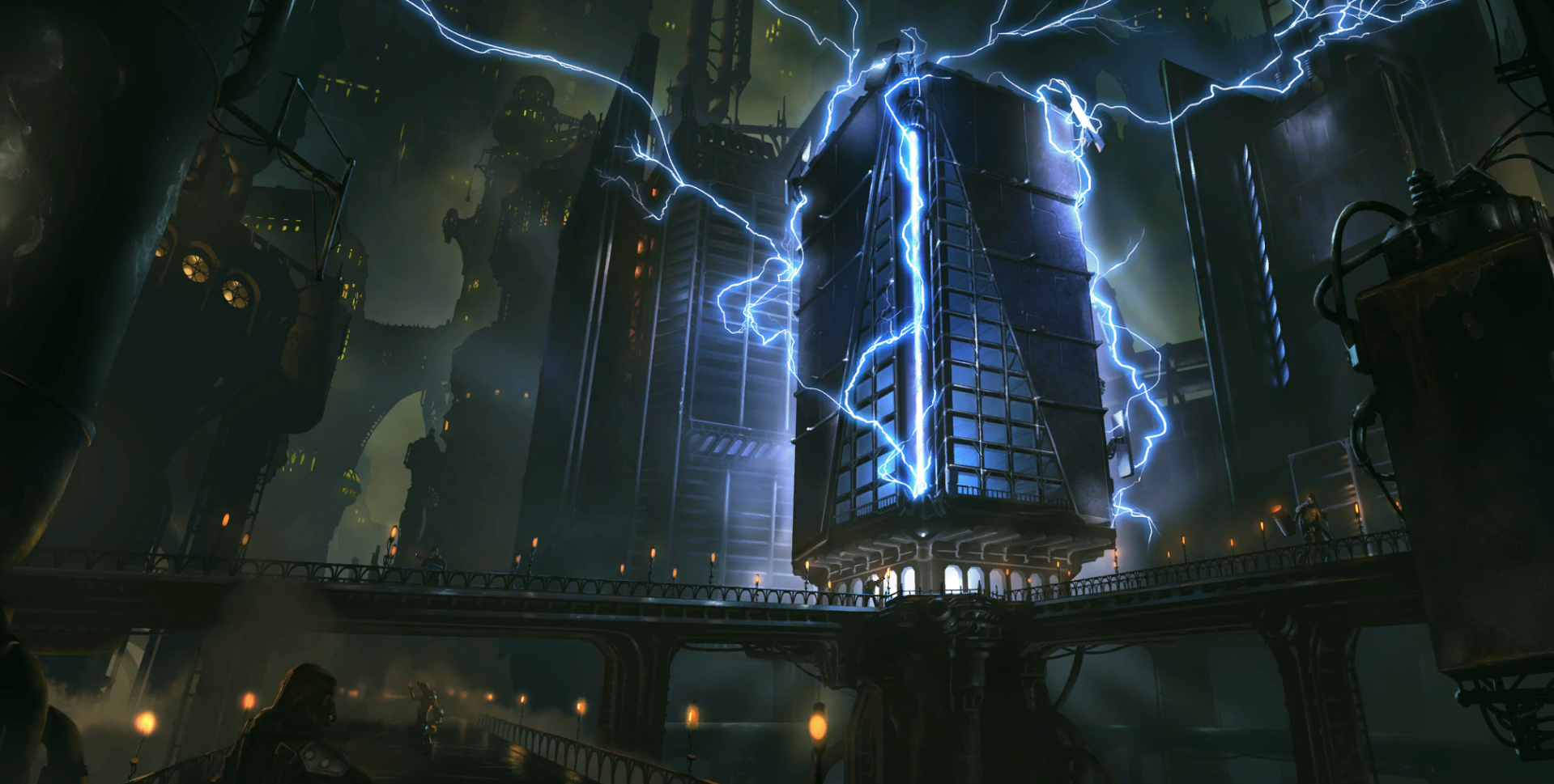 League of Legends: Piltover cityscape with lightning HD Wallpaper
