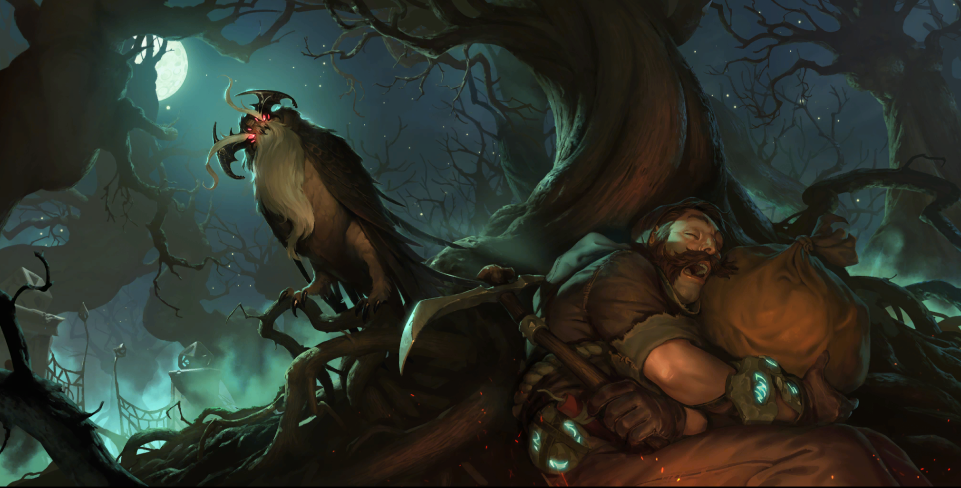 A monstrous bird and a sleeping man in a dark forest HD Wallpaper