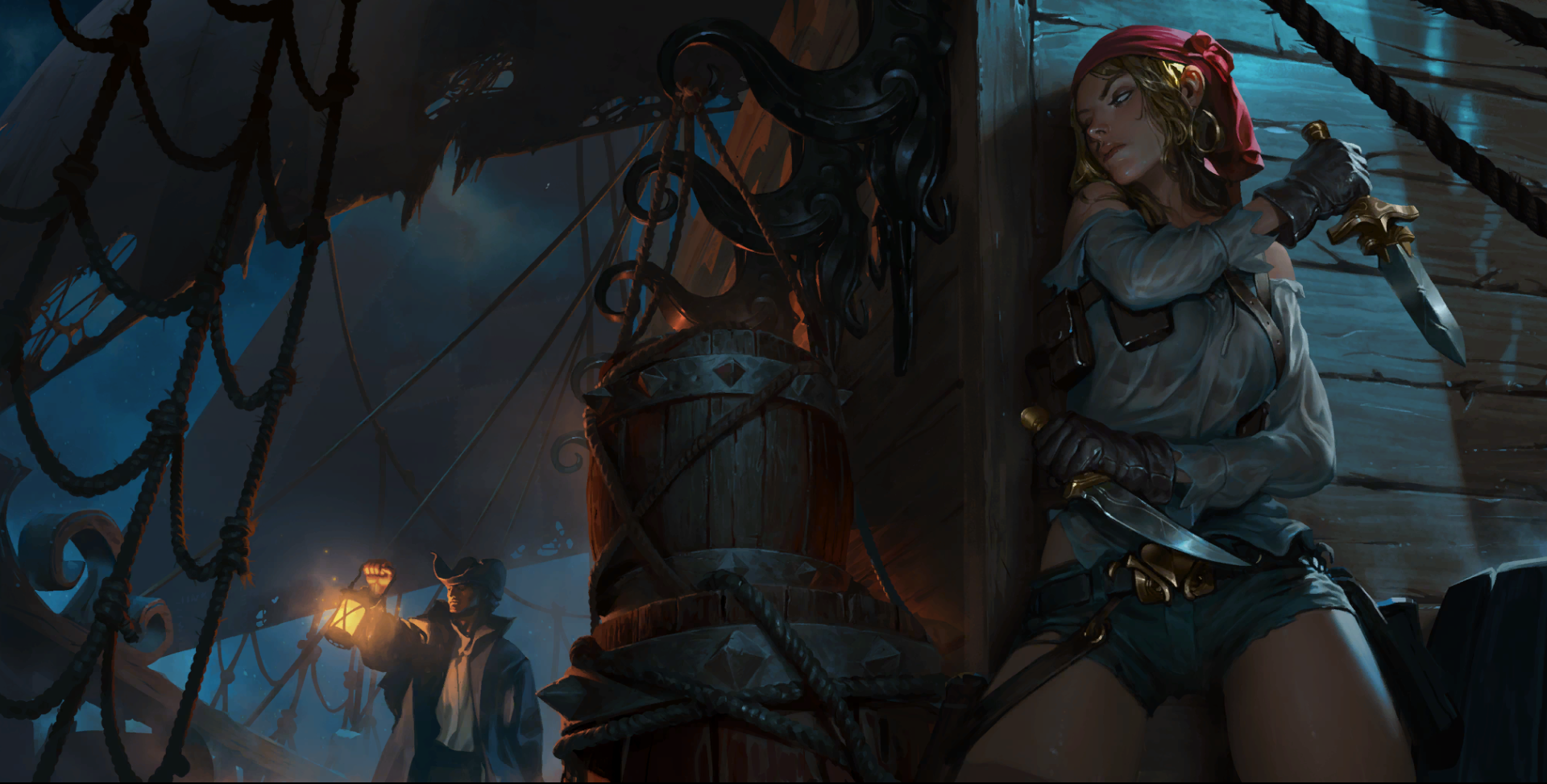 Pirate woman with daggers on a ship, man with lantern HD Wallpaper