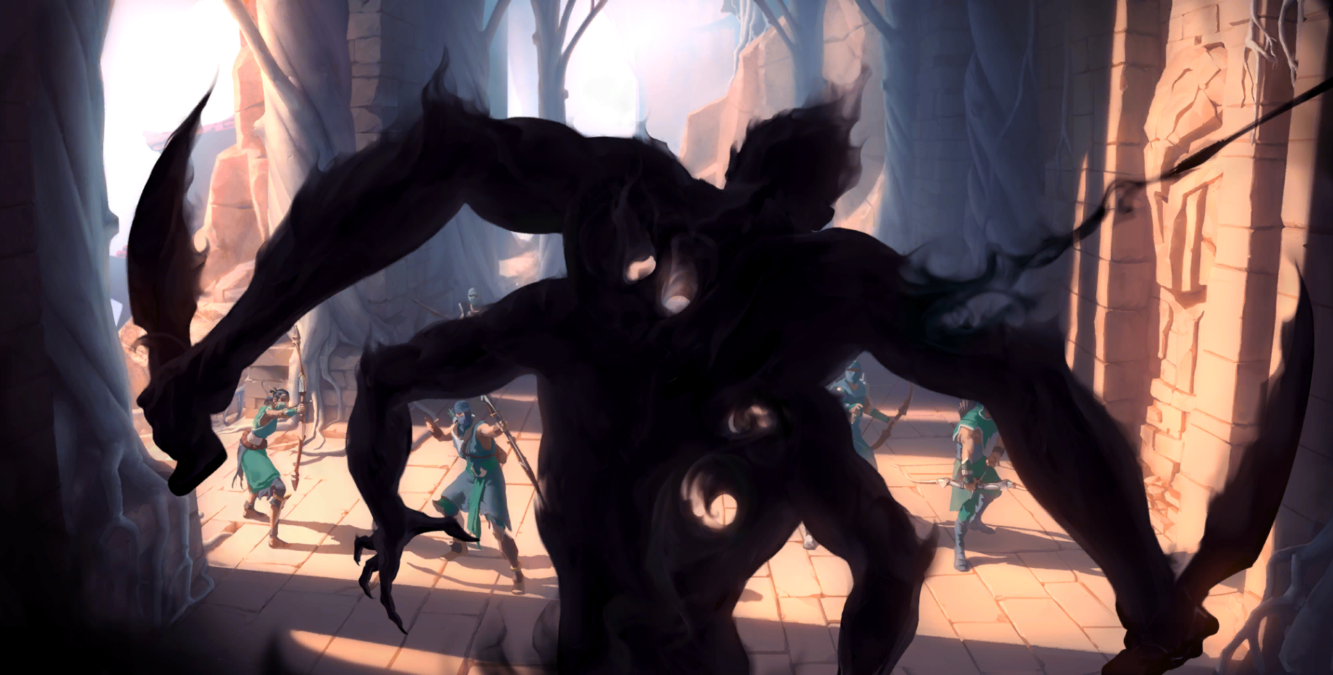 Shadow creature attacking people in ancient ruins HD Wallpaper