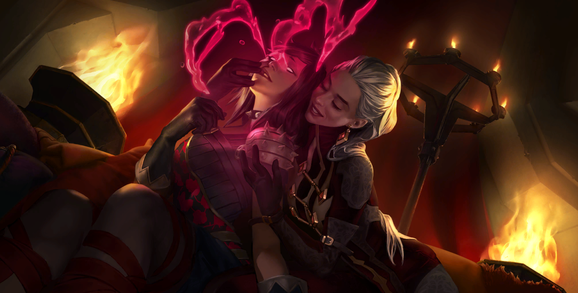 Two women embracing near a fireplace in Legends of Runeterra HD Wallpaper