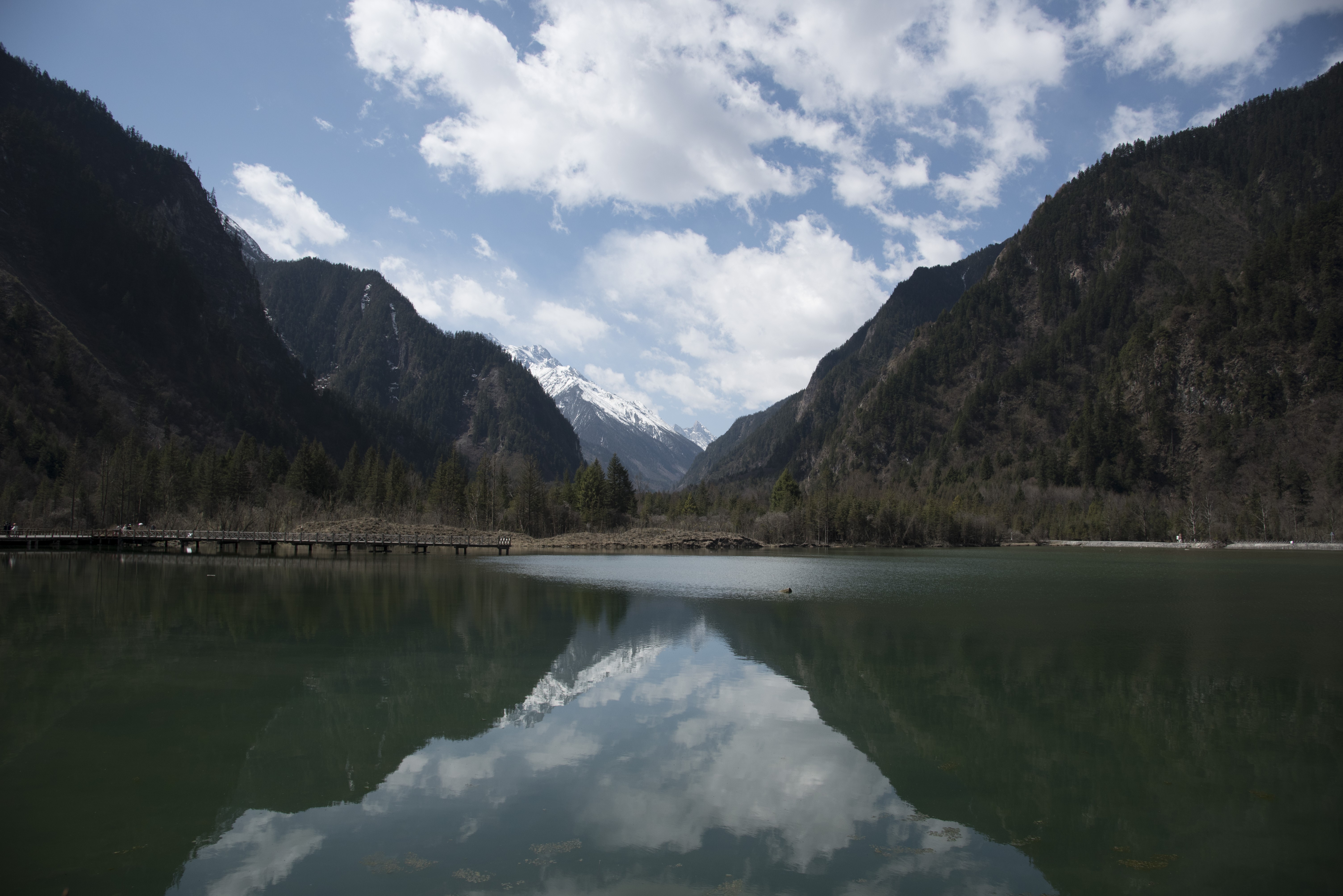 4K Lake and Mountains with Wooden Bridge HD Wallpaper