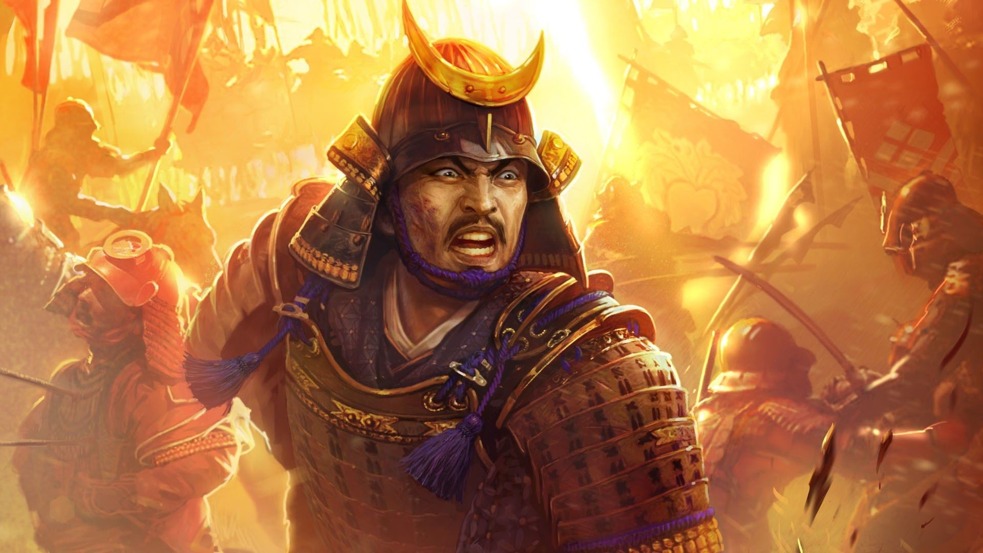 Samurai warrior in battle with banners and soldiers HD Wallpaper