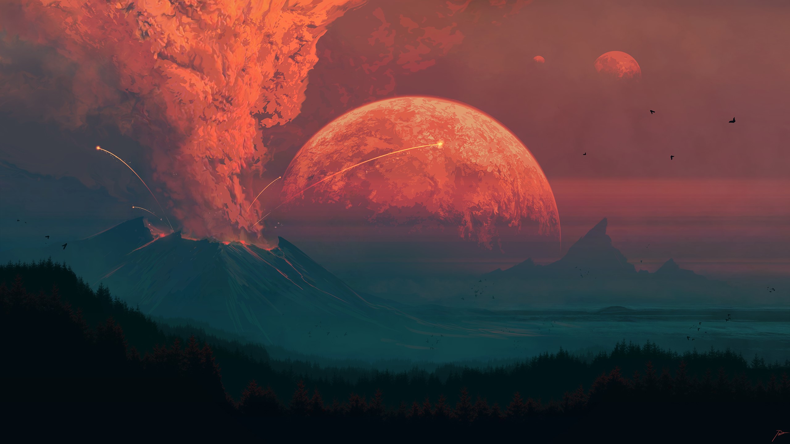 Volcanic eruption with planets in the sky HD Wallpaper