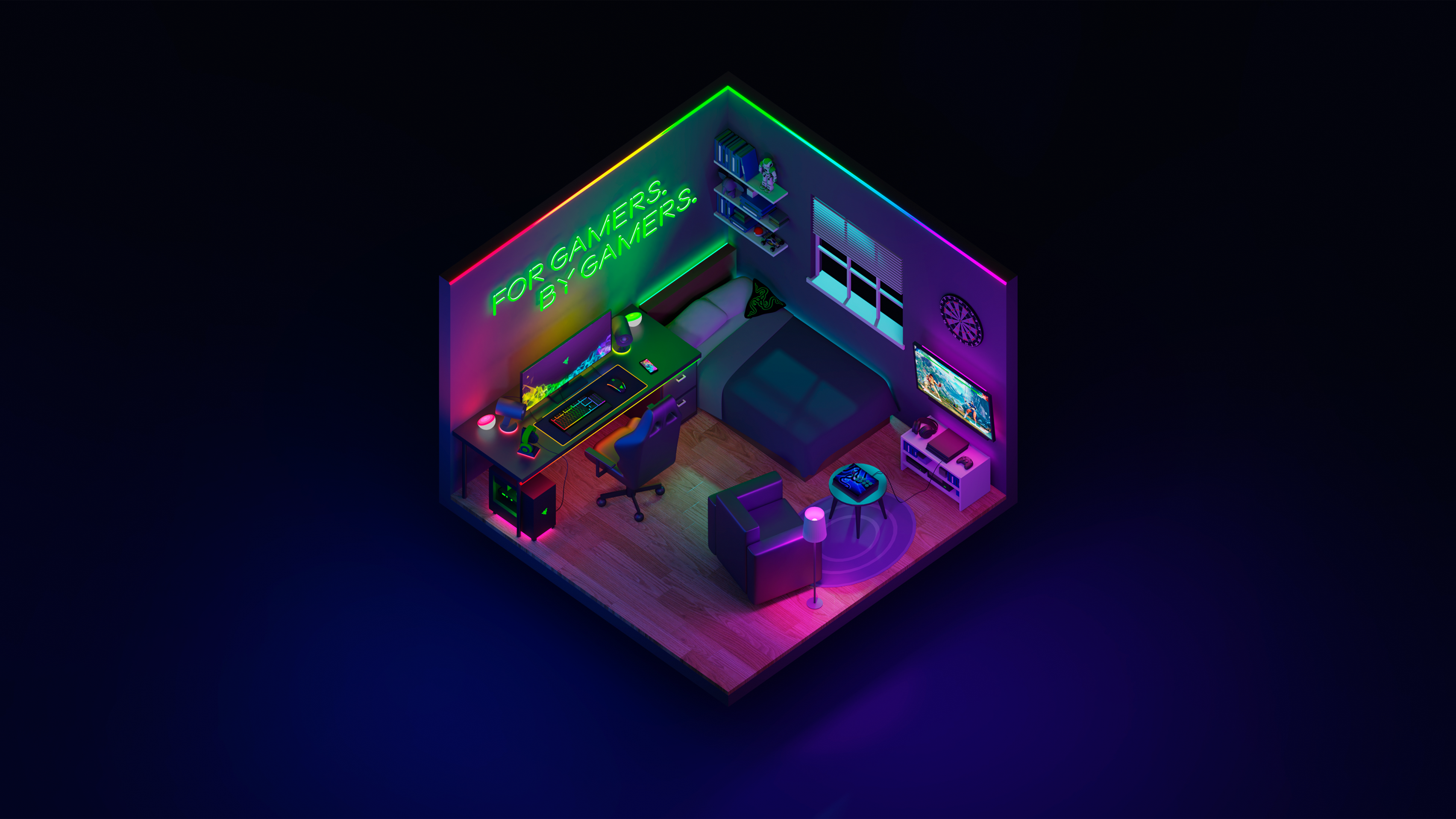 Razer gaming room with neon lights HD Wallpaper