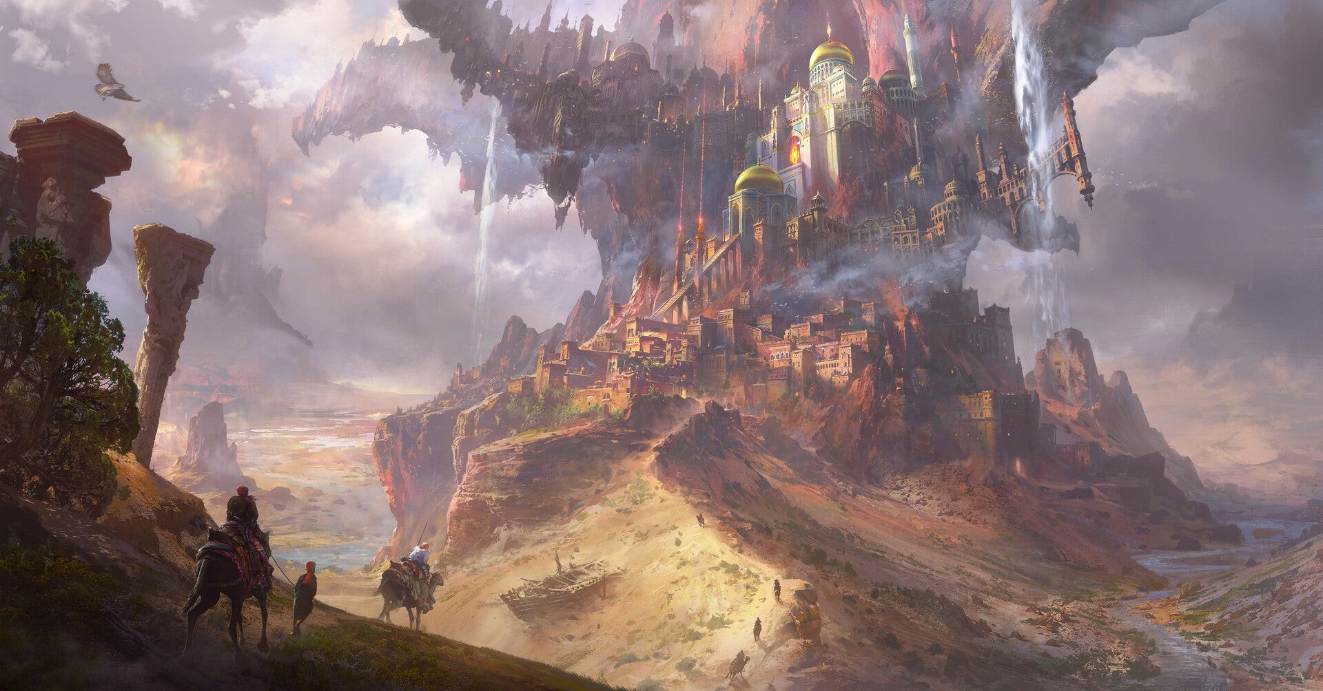 Fantasy city built on a mountain with waterfalls and travelers HD Wallpaper
