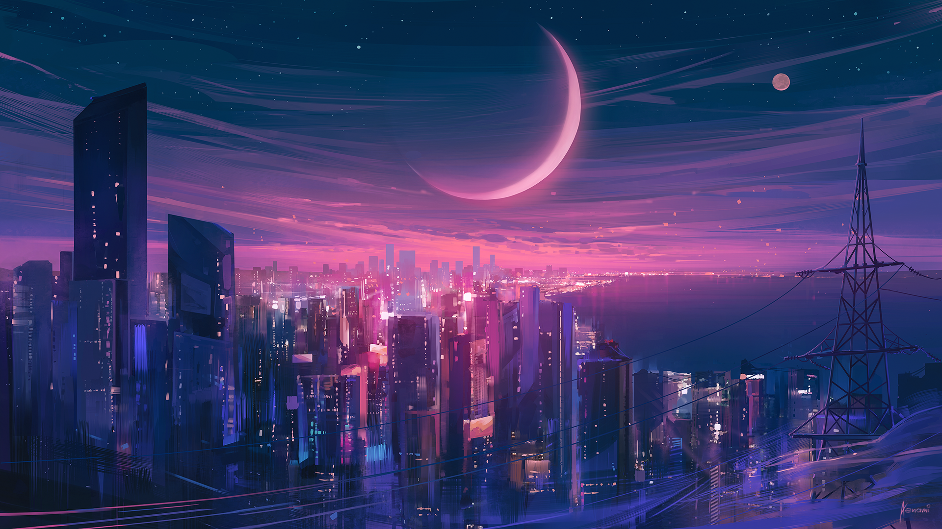 Digital art cityscape at night with crescent moon HD Wallpaper