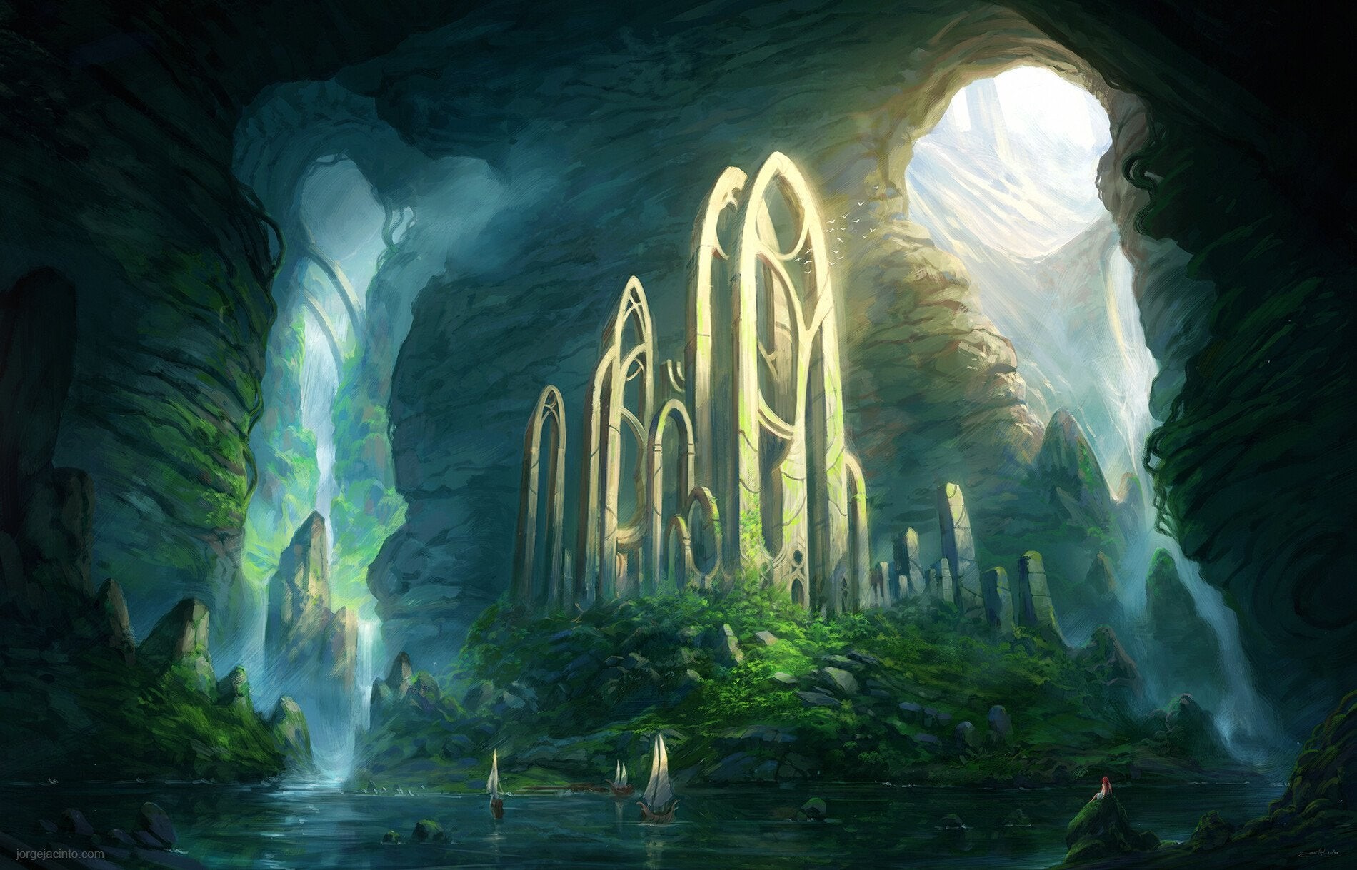 Fantasy cave with ancient ruins and waterfalls HD Wallpaper