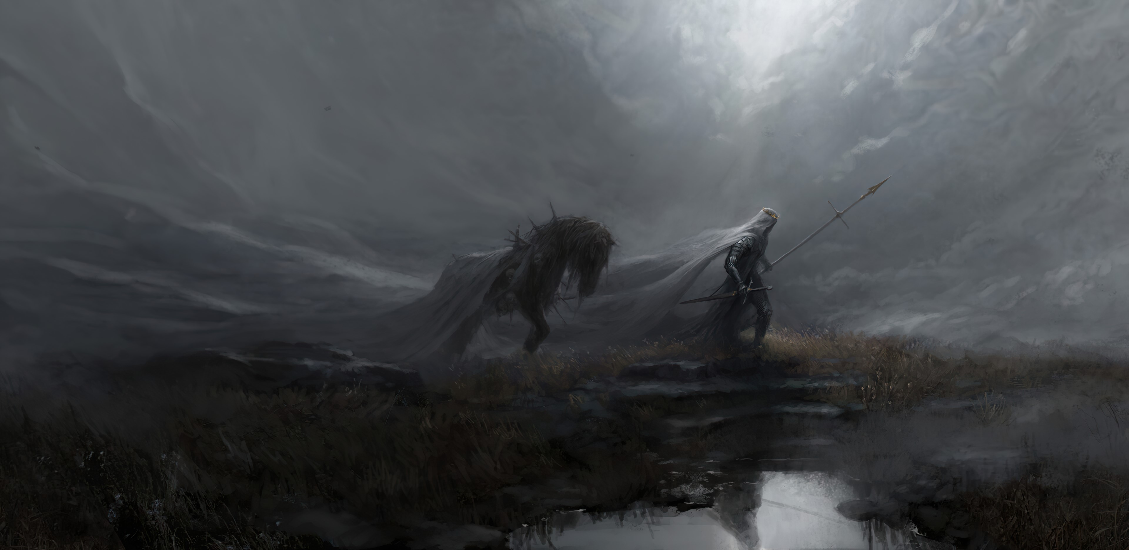 Fantasy art of a warrior and a horse HD Wallpaper